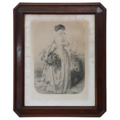 19th Century Antique Print Young Girl with Fruit