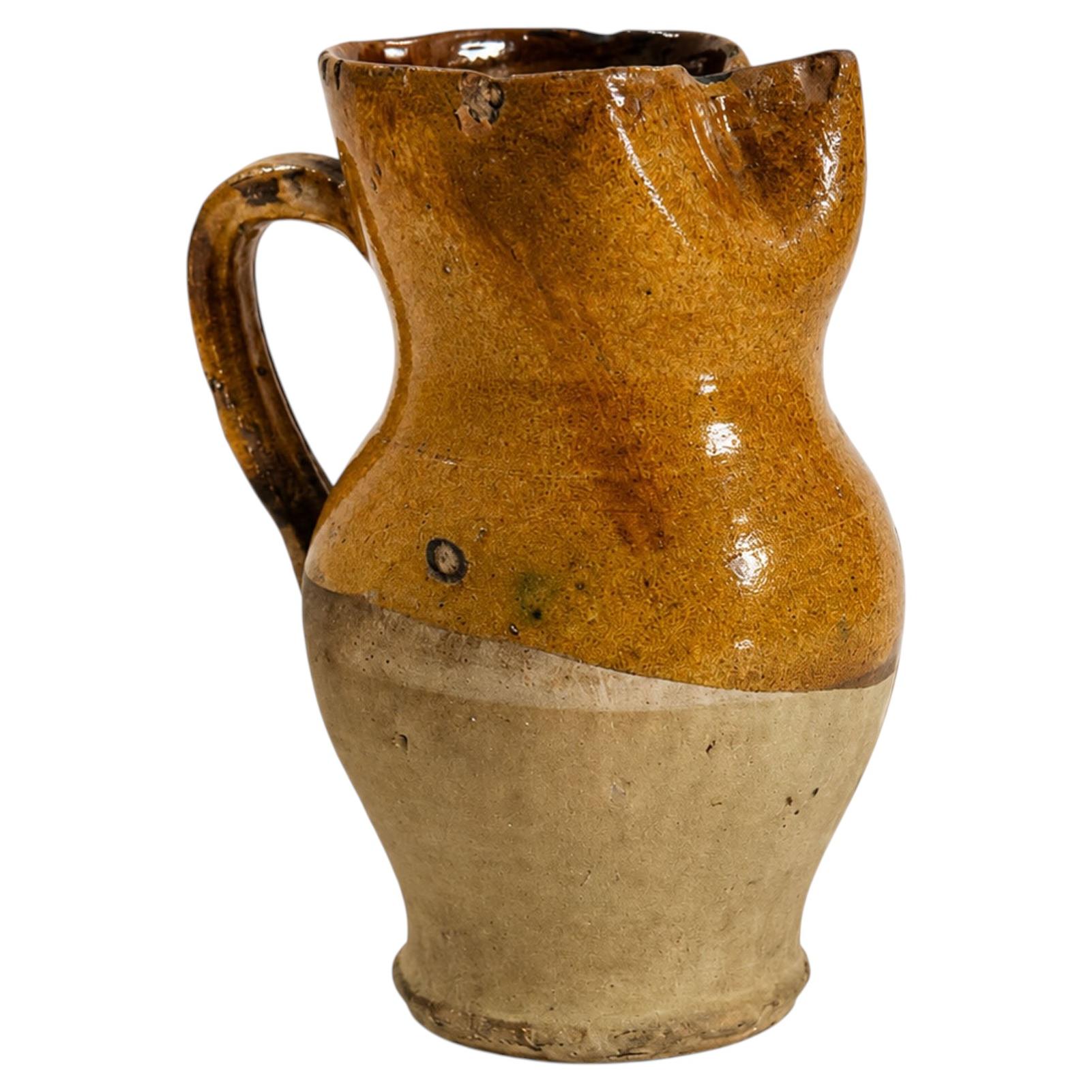 19th Century Antique Puglian Two-Tone Glazed Terracotta Pitcher