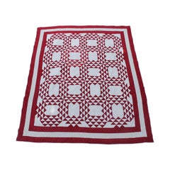 19th Century Antique Quilt, Red and White Ocean Waves Quilt