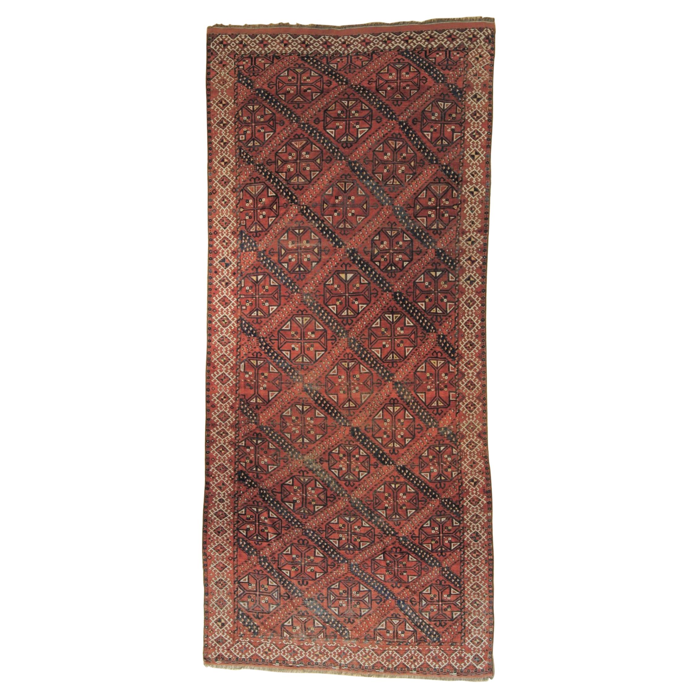 19th Century Antique Red Geometric Turkmen Erzari Rug € 9, 000, ca 1870 For Sale
