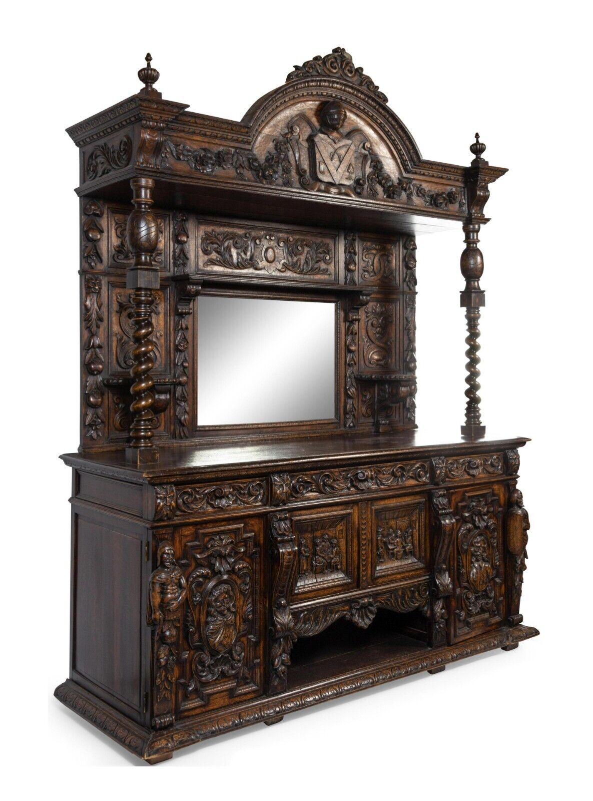 Stunning Antique Server, Sideboard, Renaissance Revival Carved Oak, Mirror, 19th century, 1800s!!

A Renaissance Revival Carved Oak Server, Late 19th Century Height 111 x width 85 x depth 29 1/2 inches.

Wear and imperfections commensurate with