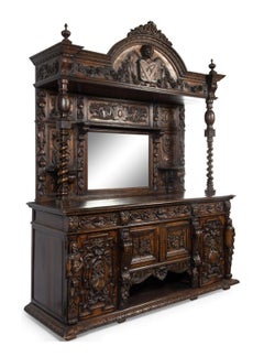 19th Century Antique Renaissance Revival Carved Oak, Mirror, Server / Sideboard