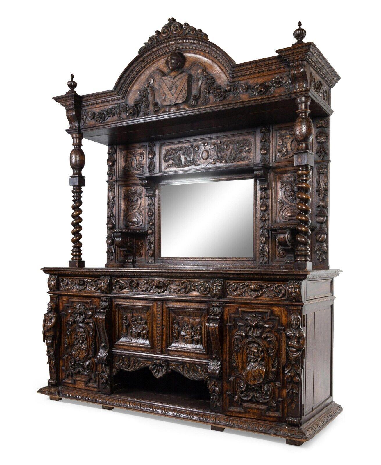 European 19th Century Antique Renaissance Revival Carved Oak, Mirror, Server / Sideboard