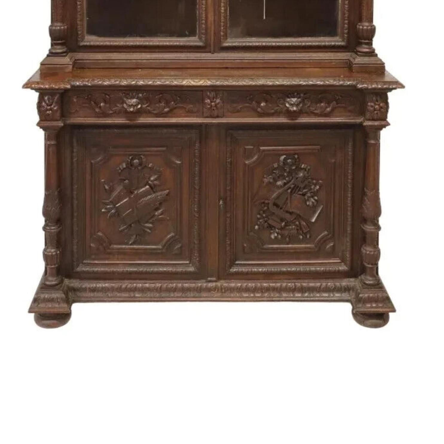 Wood 19th Century Antique Renaissance Revival Carved Oak, Mirror, Server / Sideboard