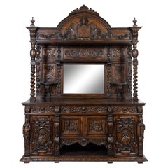 19th Century Antique Renaissance Revival Carved Oak, Mirror, Server / Sideboard
