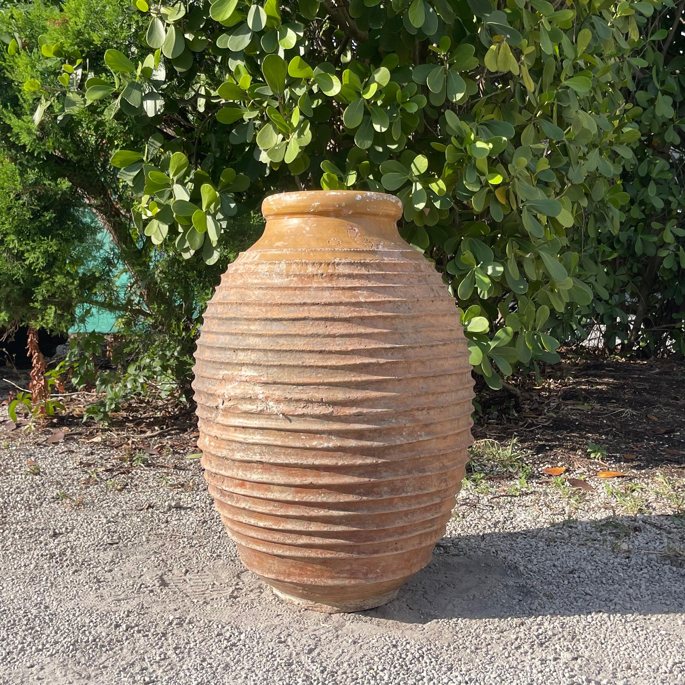 Jarre à huile d'olive grecque avec la décoration typique de Nekuma, faite à la main et nervurée, sur son corps rond. Le bord est recouvert d'un glaçage chaud au miel. Ces récipients anciens en poterie de jardin étaient souvent utilisés pour le