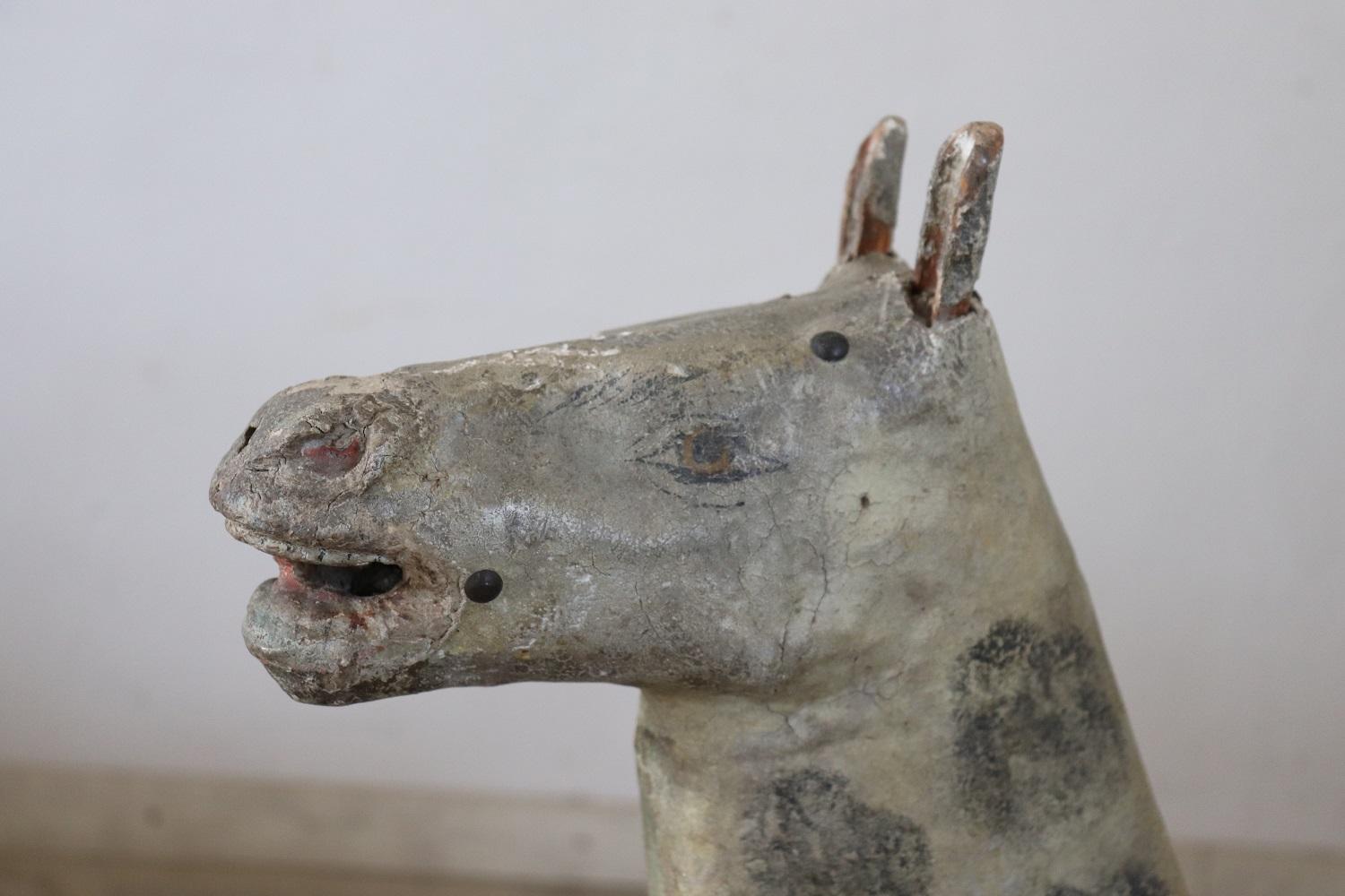 19th Century Antique Rocking Horse in Painted Wood and Paper Mache For Sale 2