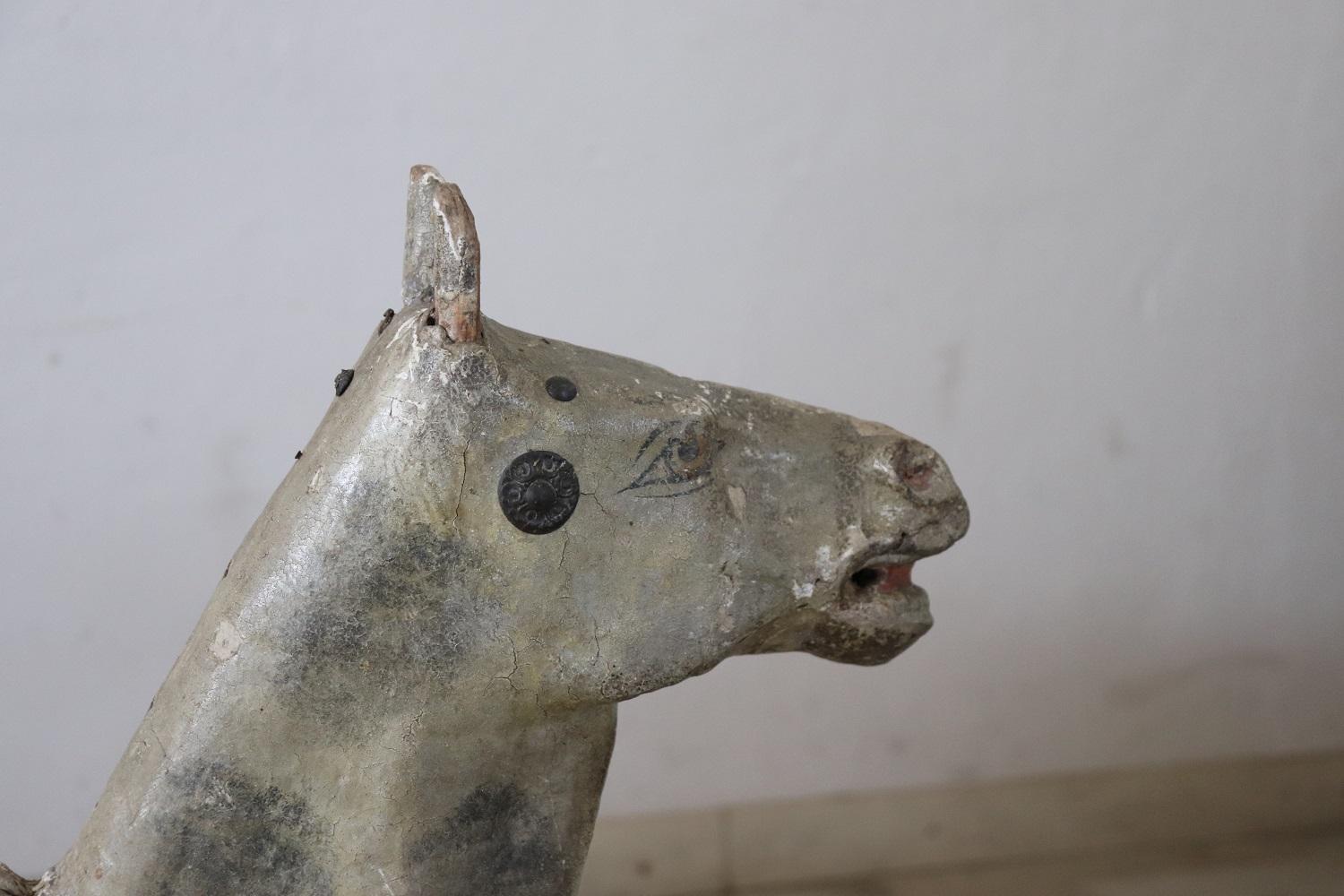 Italian 19th Century Antique Rocking Horse in Painted Wood and Paper Mache For Sale