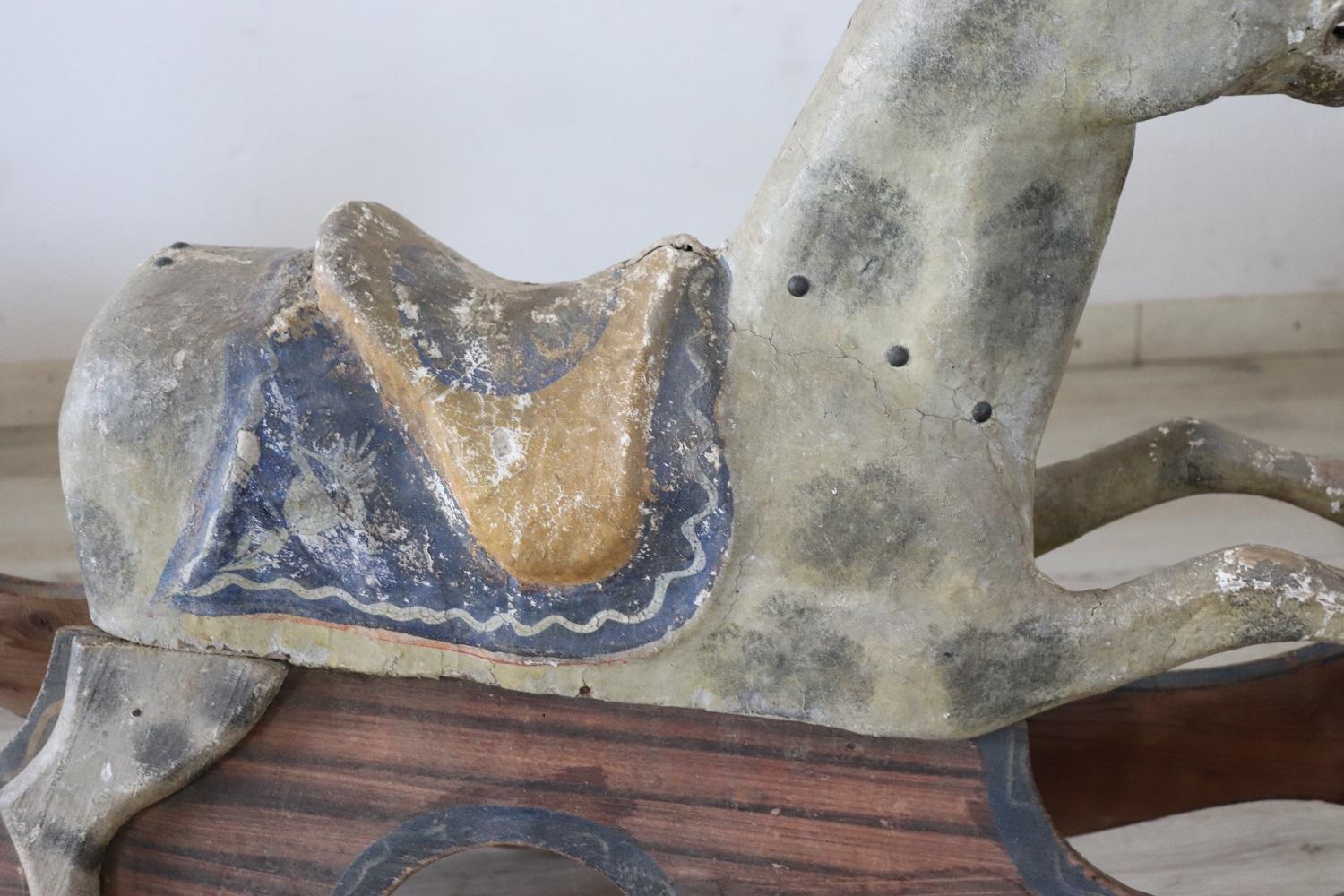 Hand-Painted 19th Century Antique Rocking Horse in Painted Wood and Paper Mache For Sale