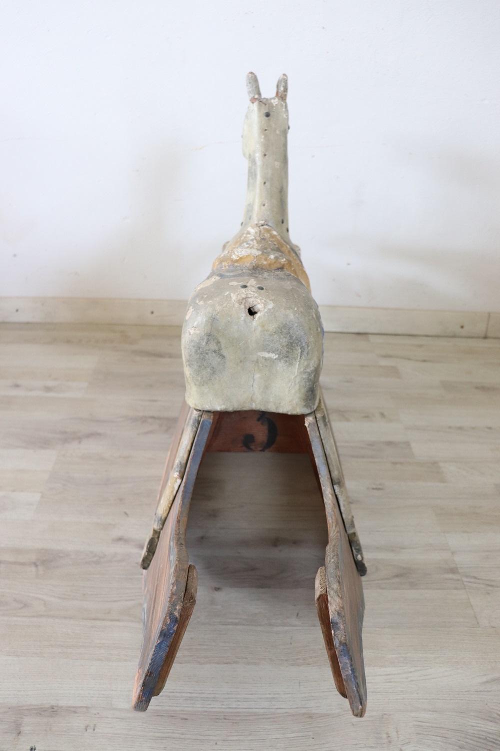 Poplar 19th Century Antique Rocking Horse in Painted Wood and Paper Mache For Sale