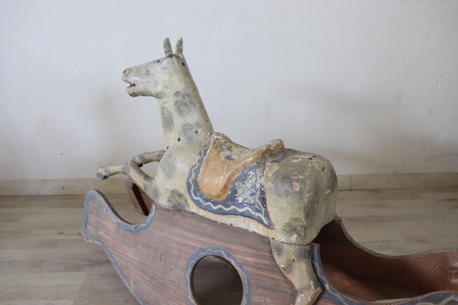 19th Century Antique Rocking Horse in Painted Wood and Paper Mache For Sale 1