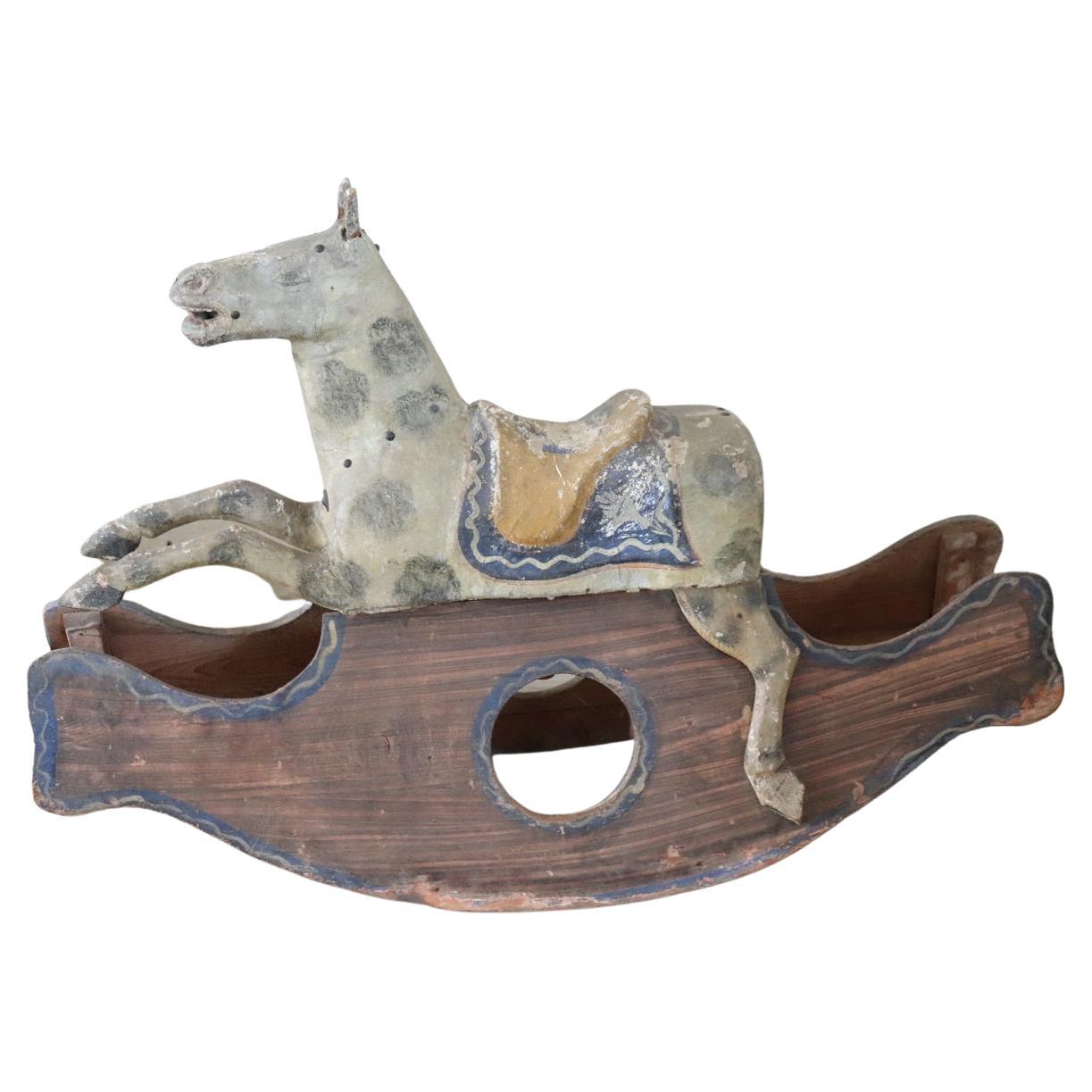 19th Century Antique Rocking Horse in Painted Wood and Paper Mache For Sale