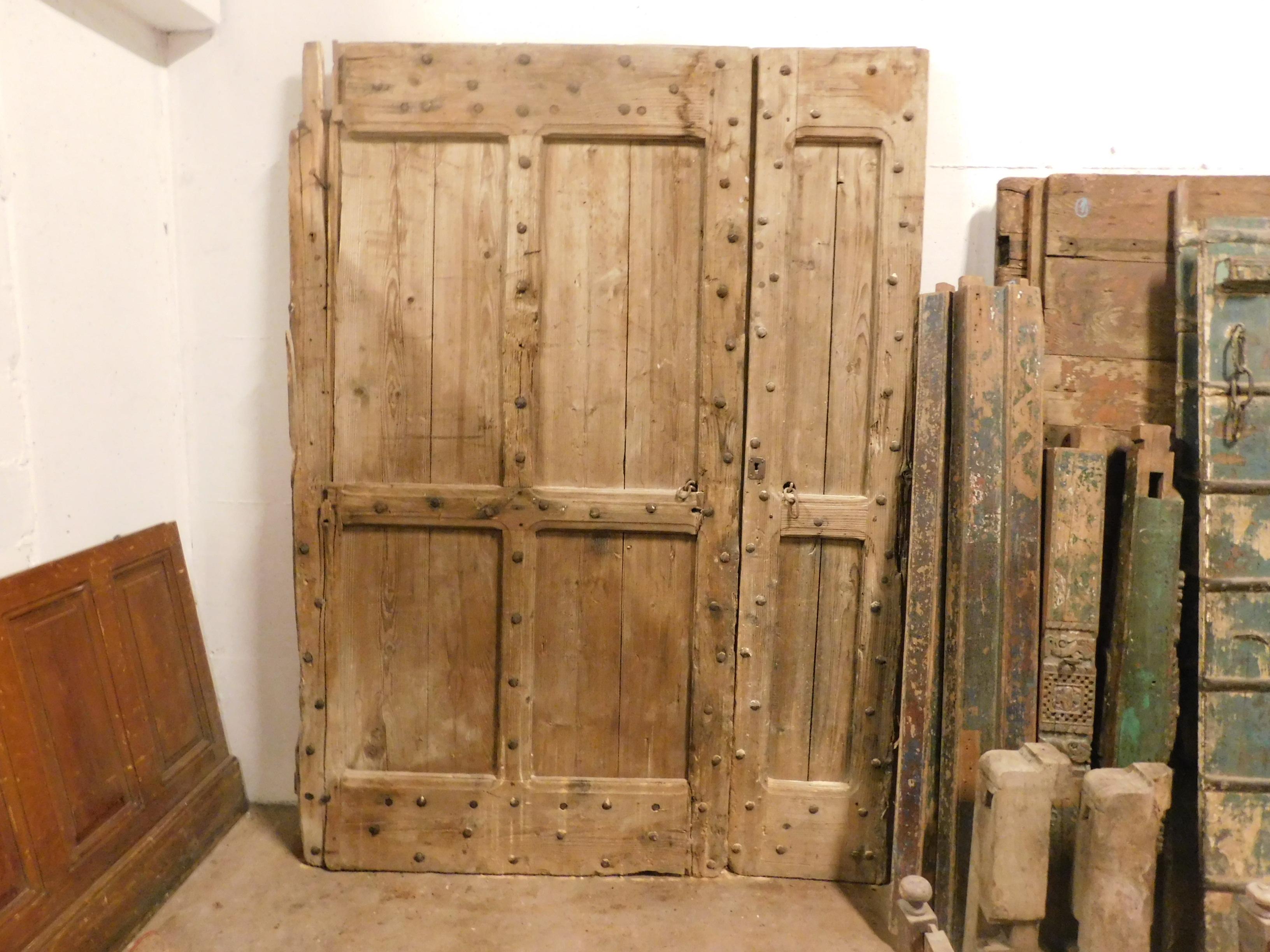 Italian 19th Century Antique Rustic Entrance Double Door Brown with Larch Nails