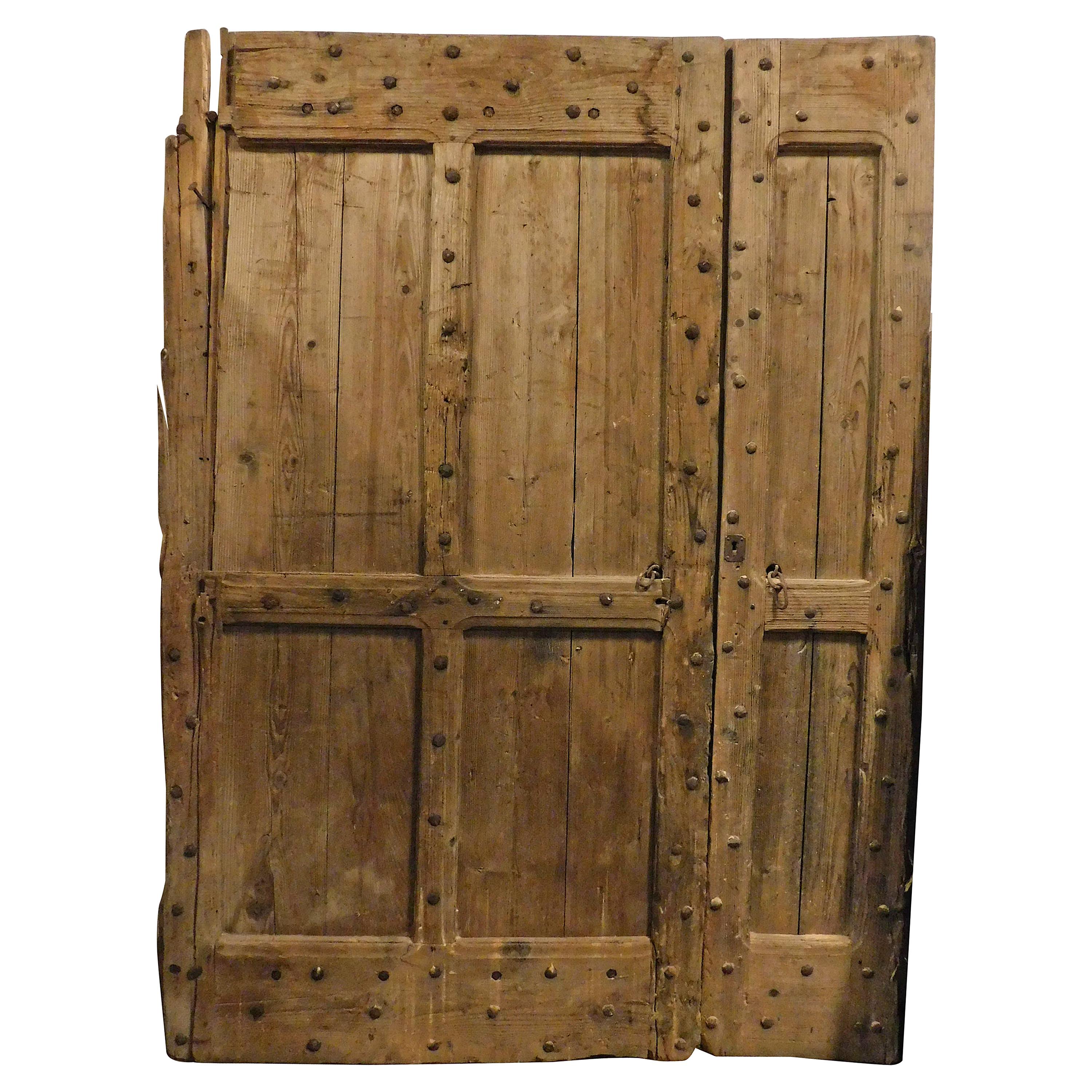 19th Century Antique Rustic Entrance Double Door Brown with Larch Nails