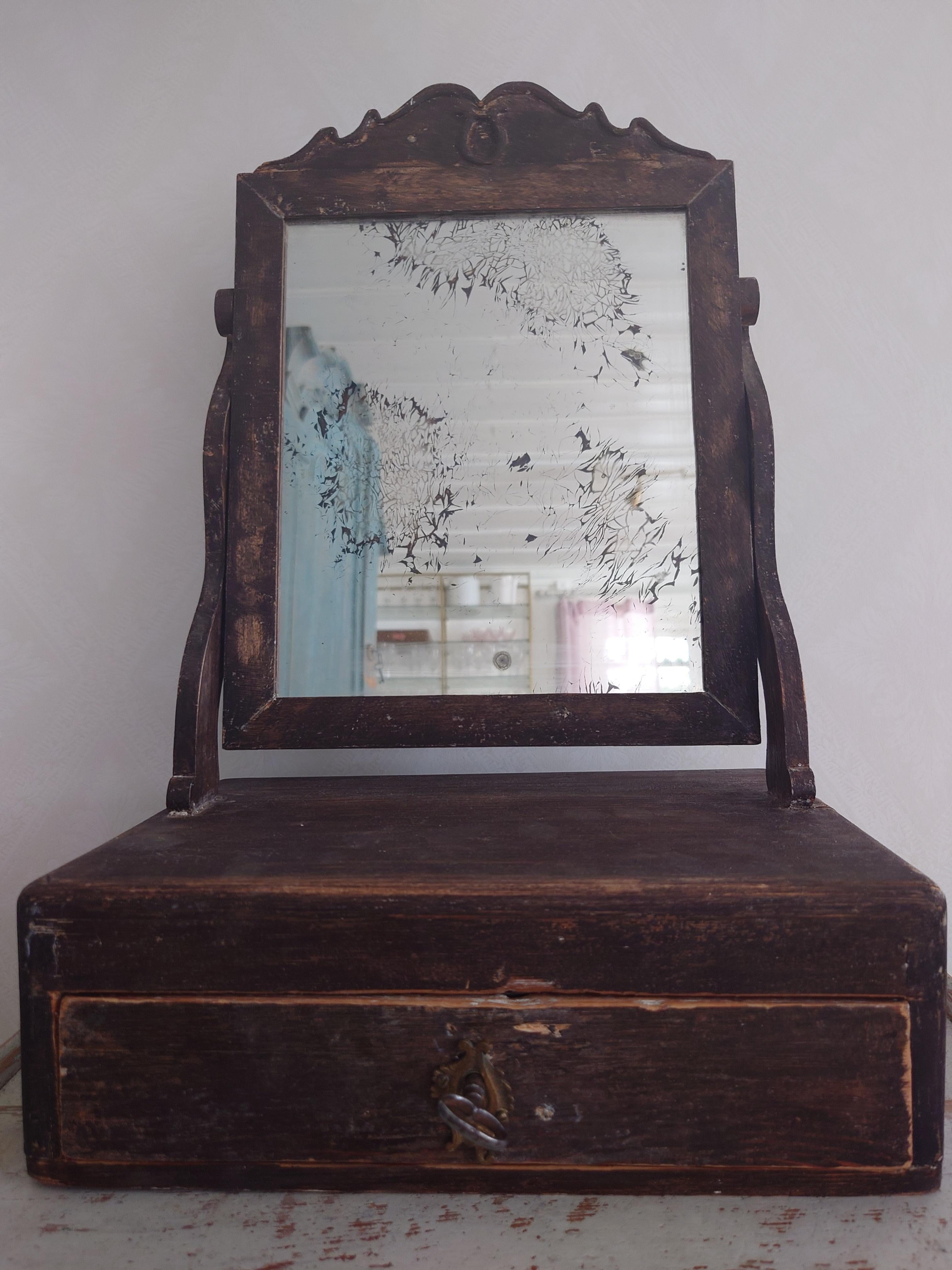19th Century Antique Rustic Swedish Original Painted Table Mirror Dated, 1870 For Sale 7
