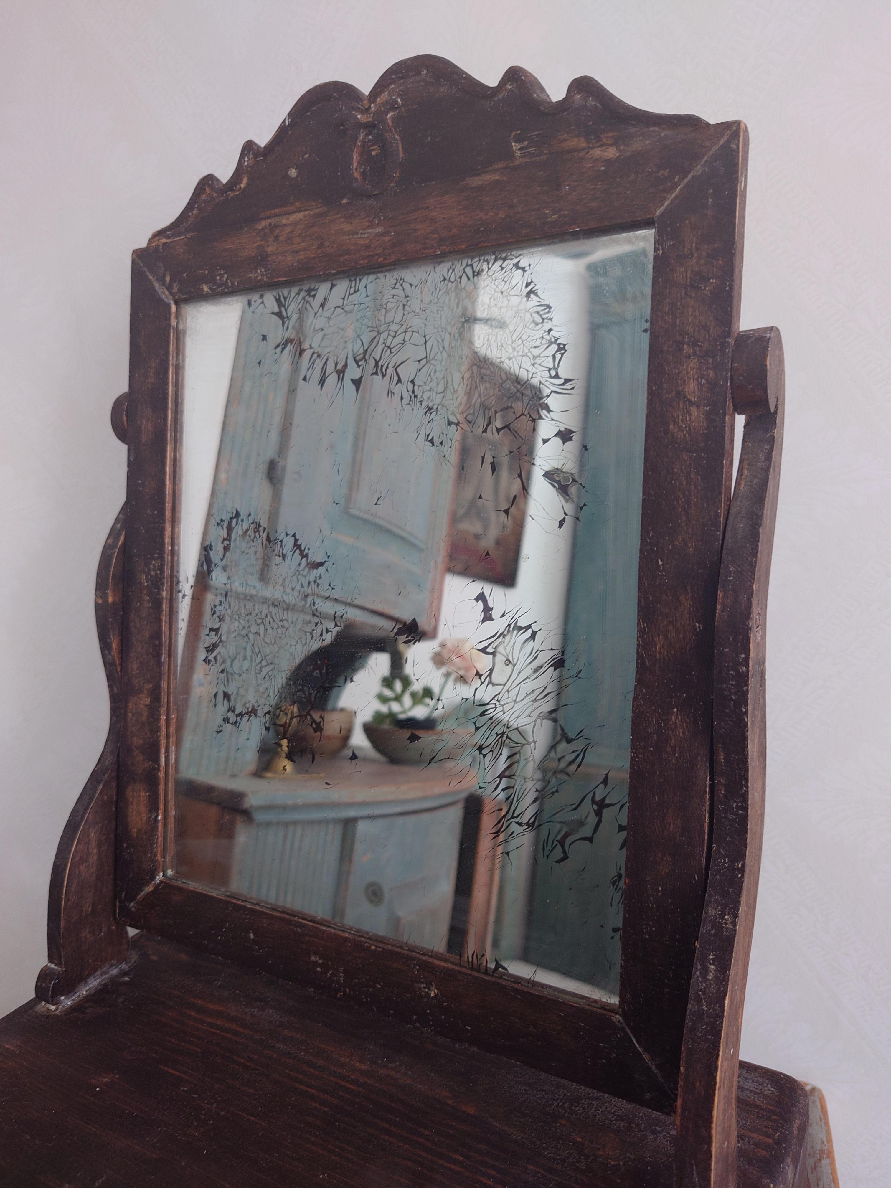 Pine 19th Century Antique Rustic Swedish Original Painted Table Mirror Dated, 1870 For Sale