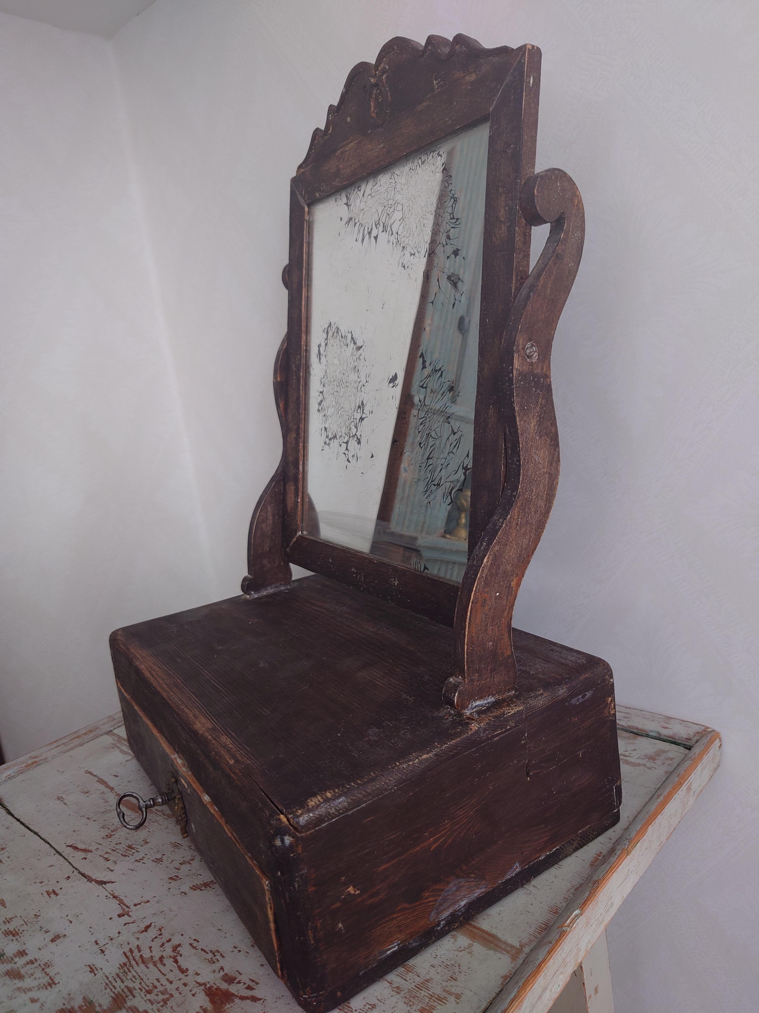 19th Century Antique Rustic Swedish Original Painted Table Mirror Dated, 1870 For Sale 1