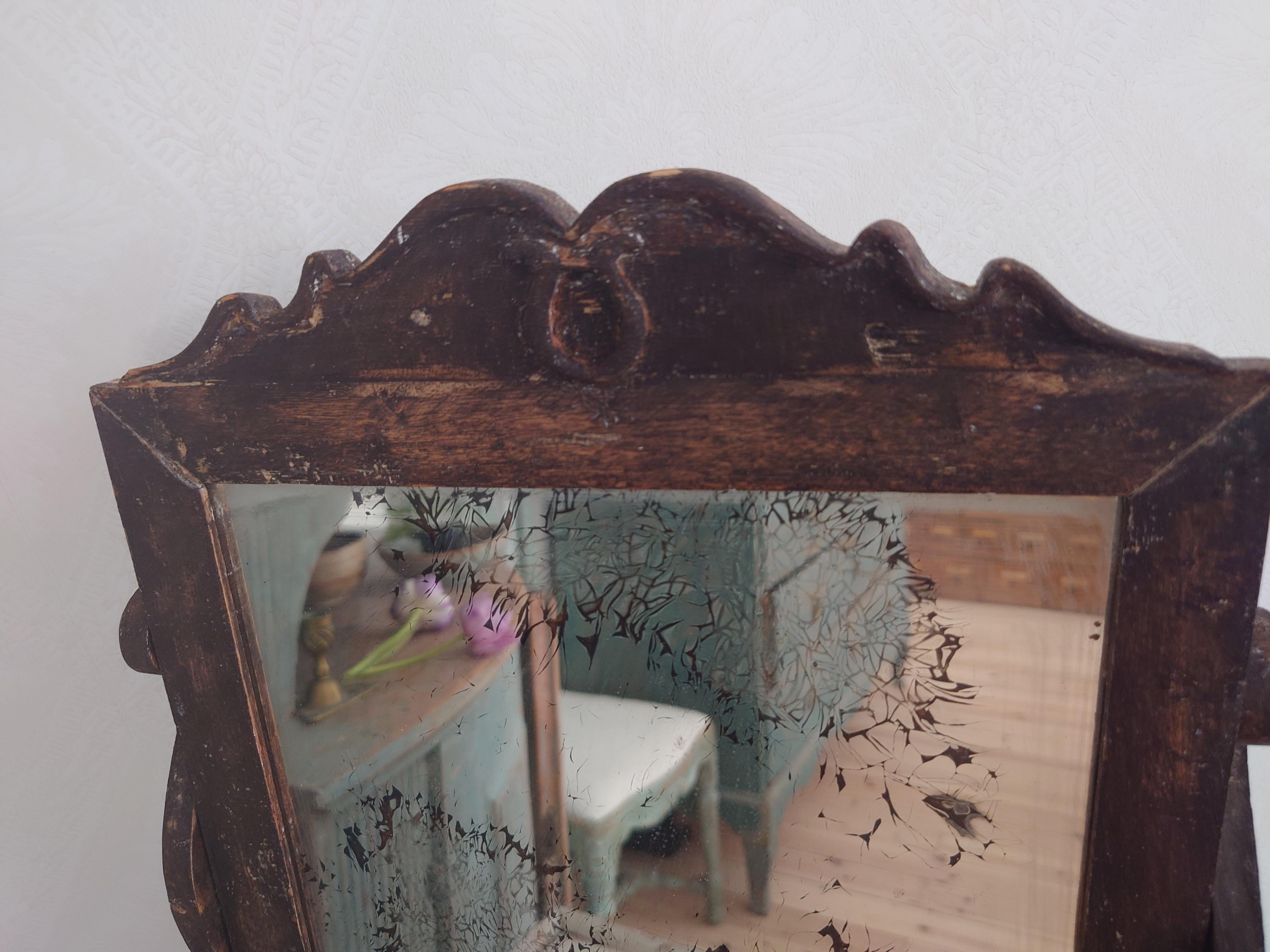 19th Century Antique Rustic Swedish Original Painted Table Mirror Dated, 1870 For Sale 2