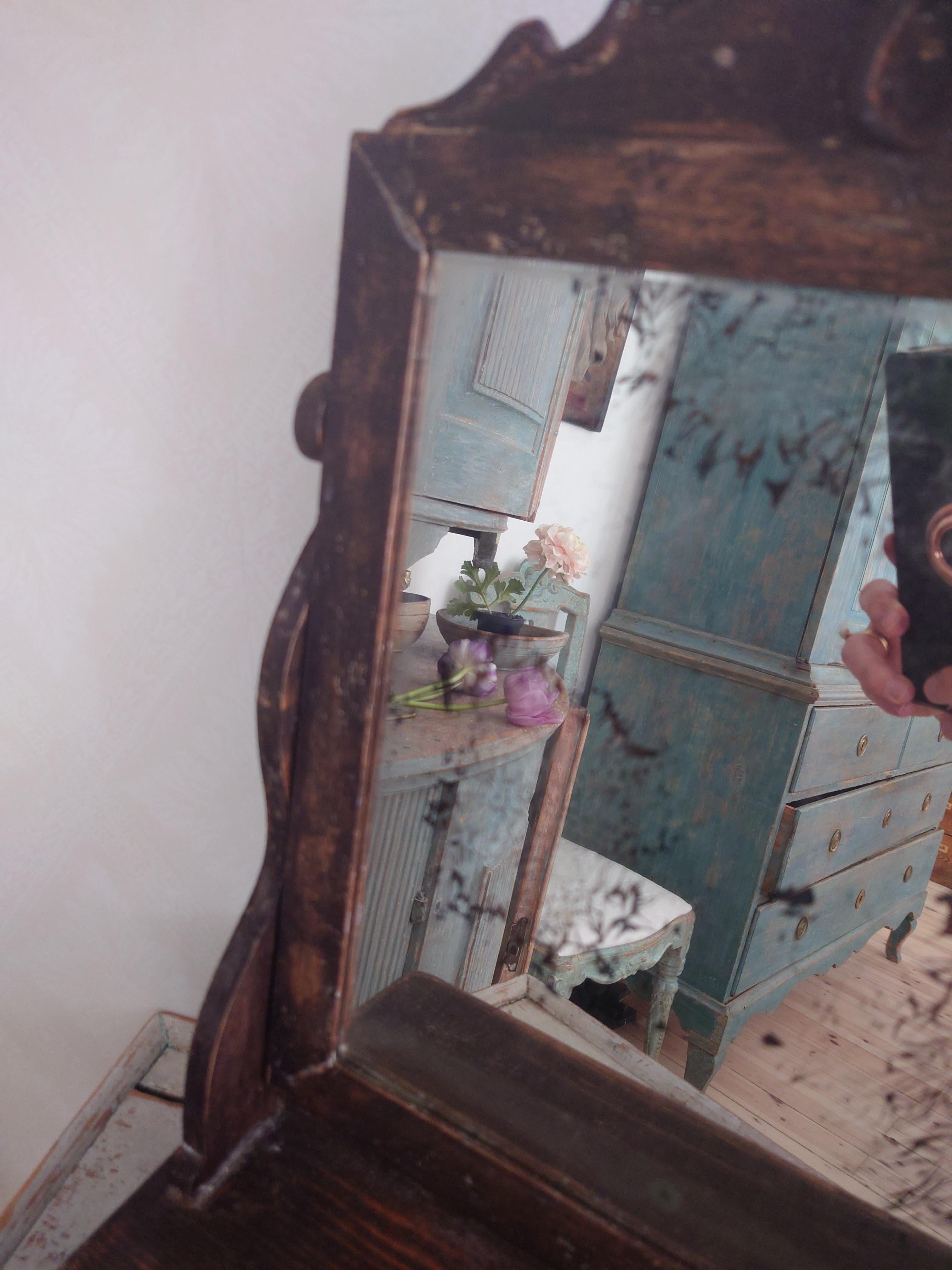19th Century Antique Rustic Swedish Original Painted Table Mirror Dated, 1870 For Sale 3