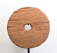 19th Century, Antique Rustic Thai Ox Cart Wooden Wheel with Stand