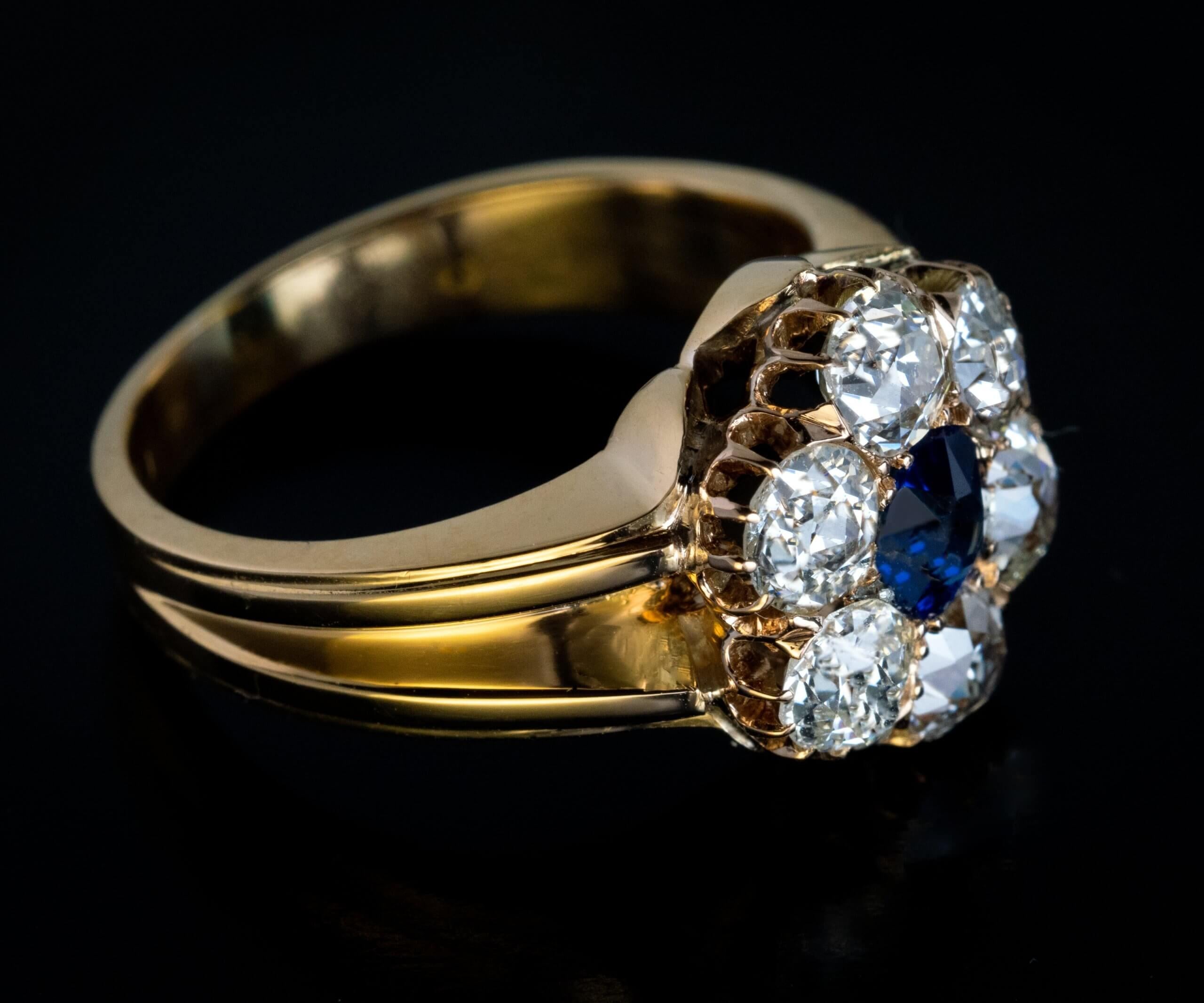 Taille vieille mine Bague ancienne du 19e siècle à saphir et diamant en vente