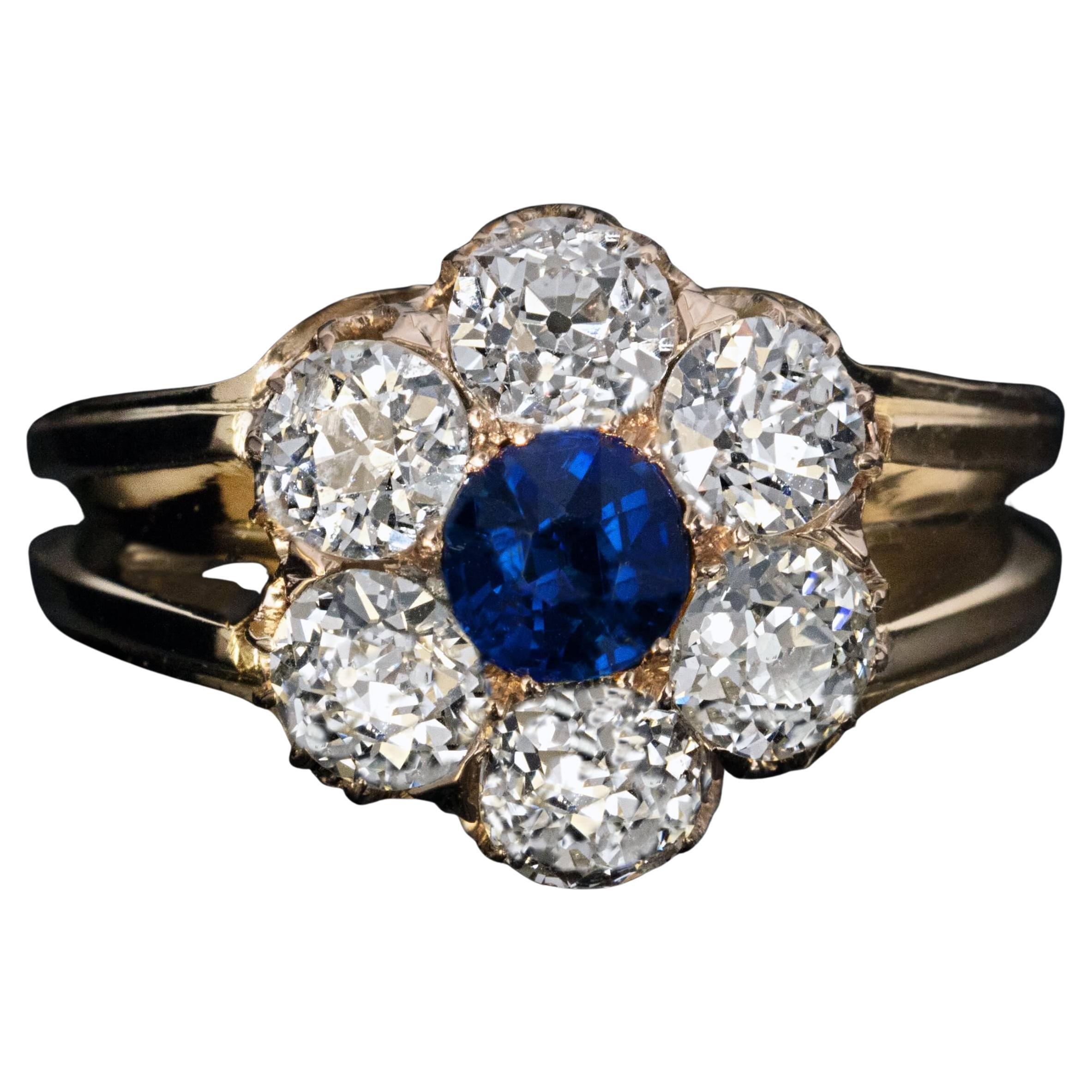 19th Century Antique Sapphire Diamond Cluster Ring