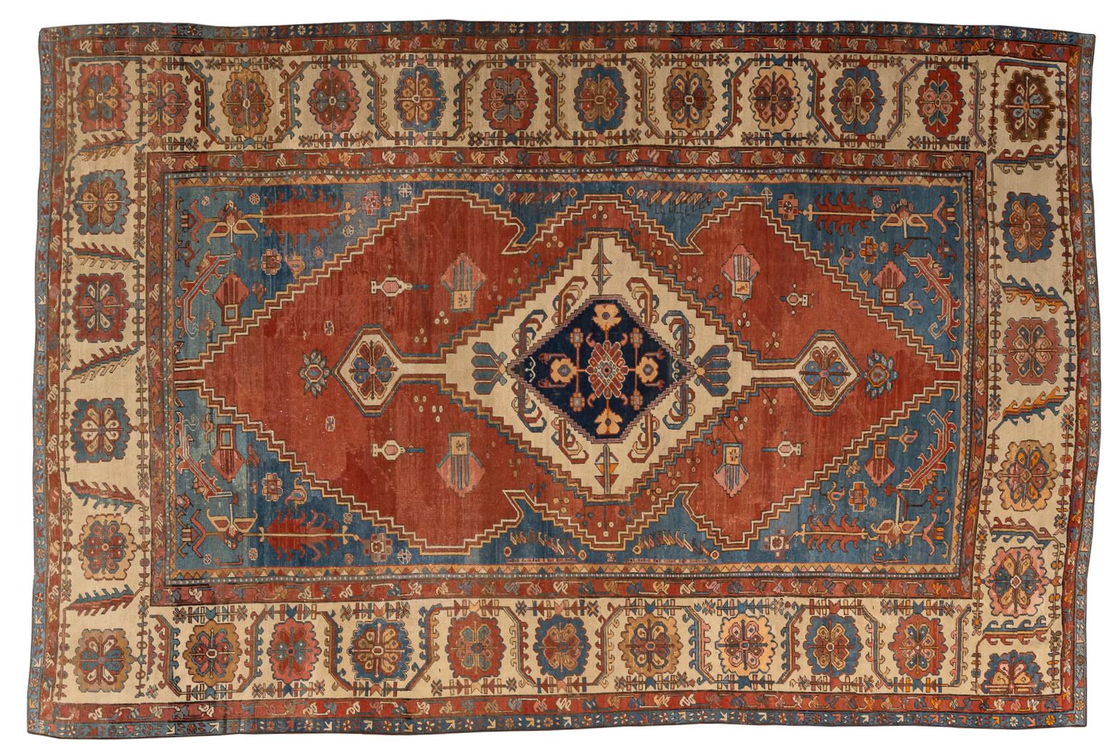 19th Century Antique Serapi Bakshaish Carpet in Brick Red, Blue and Ivory (19. Jahrhundert) im Angebot