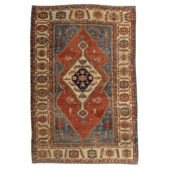19th Century Antique Serapi Bakshaish Carpet in Brick Red, Blue and Ivory