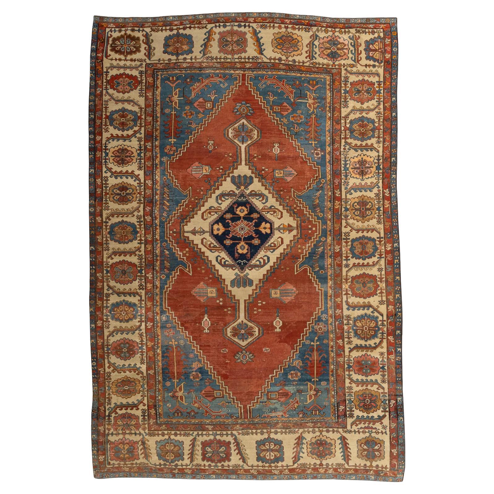 19th Century Antique Serapi Bakshaish Large Carpet in Brick Red, Blue and Ivory