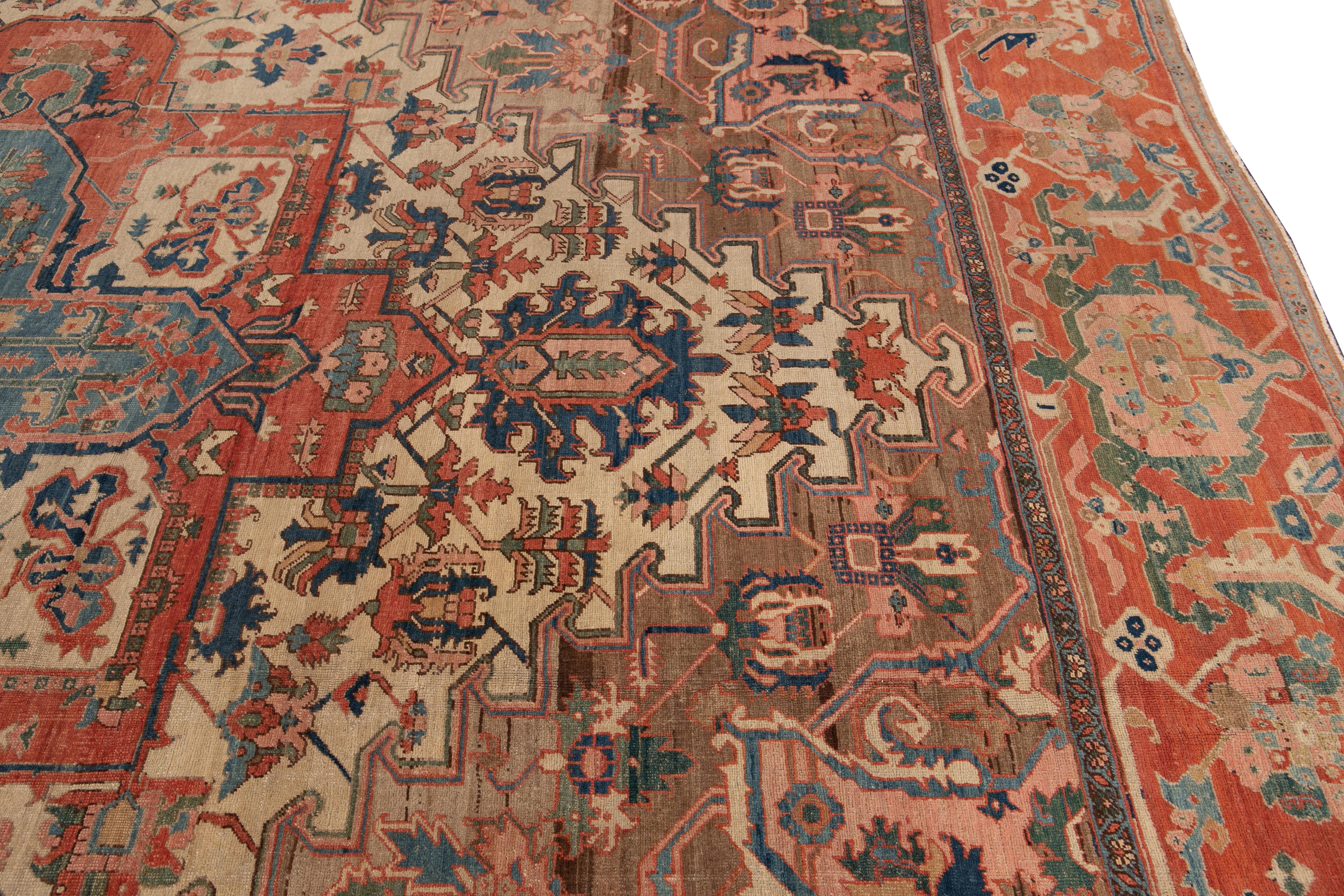 19th Century Antique Serapi Handmade Wool Rug In Terracotta Color For Sale 3