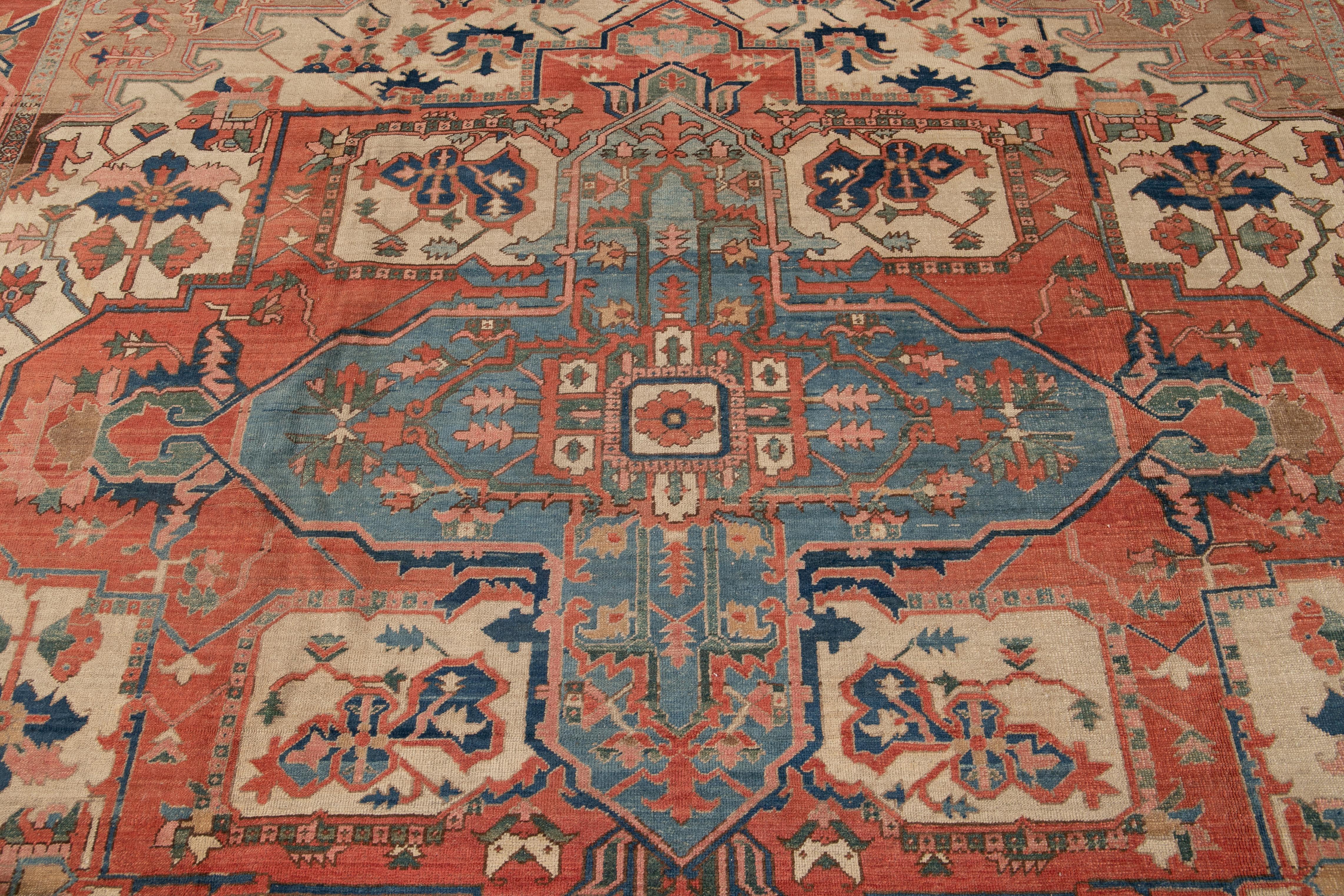 19th Century Antique Serapi Handmade Wool Rug In Orange-Rust Color For Sale 2