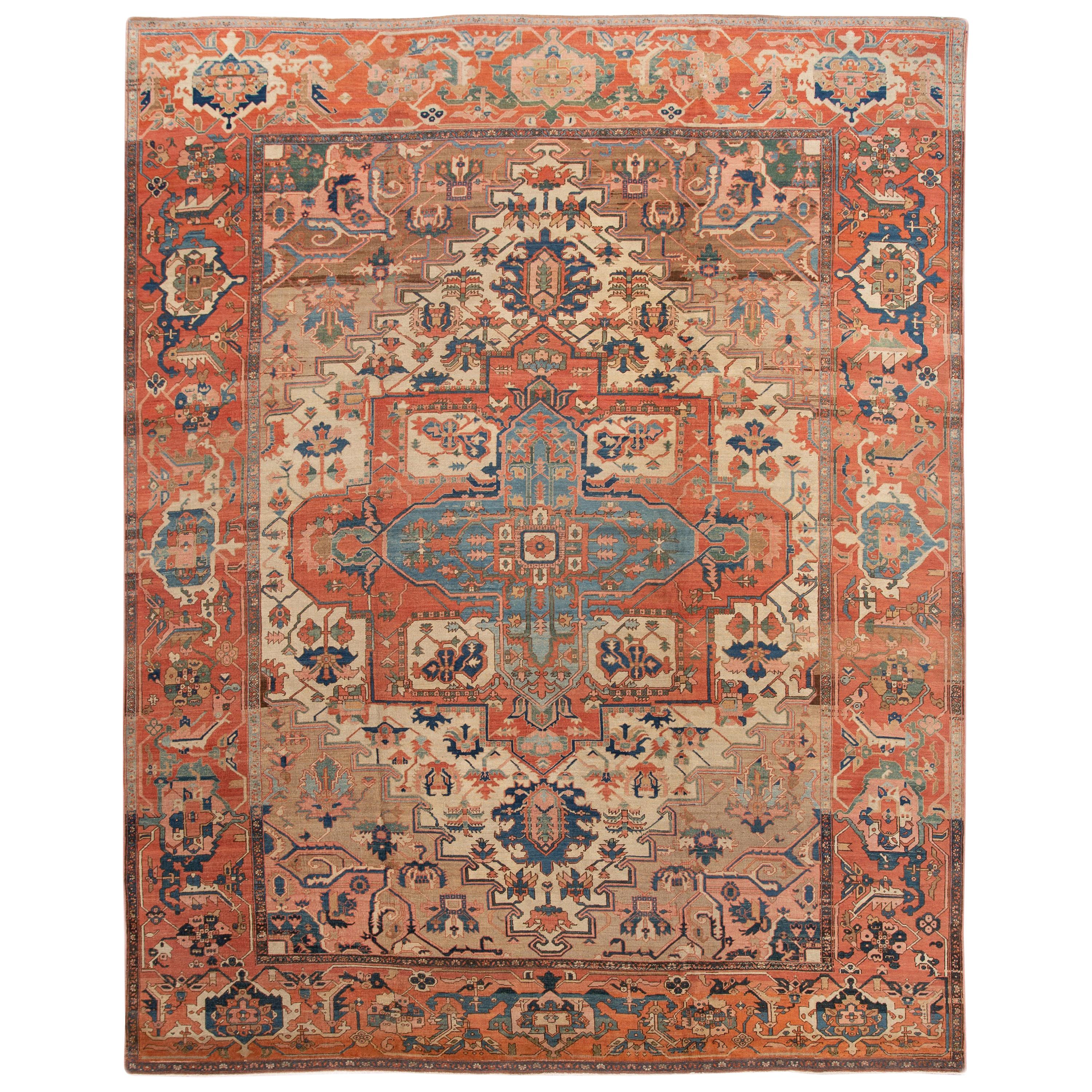 19th Century Antique Serapi Handmade Wool Rug In Orange-Rust Color For Sale
