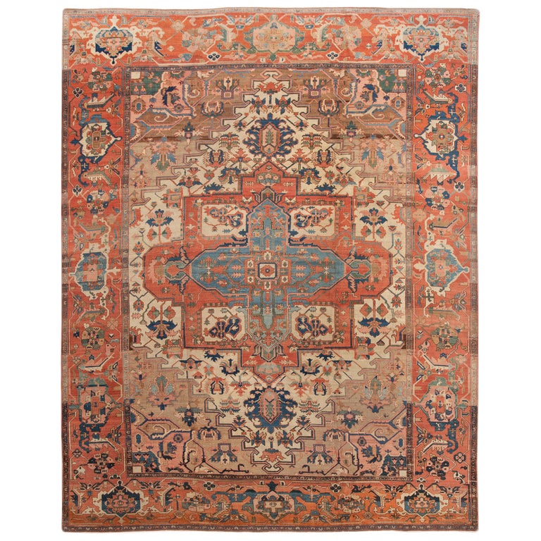 19th Century Antique Serapi Handmade Wool Rug In Orange-Rust Color For ...