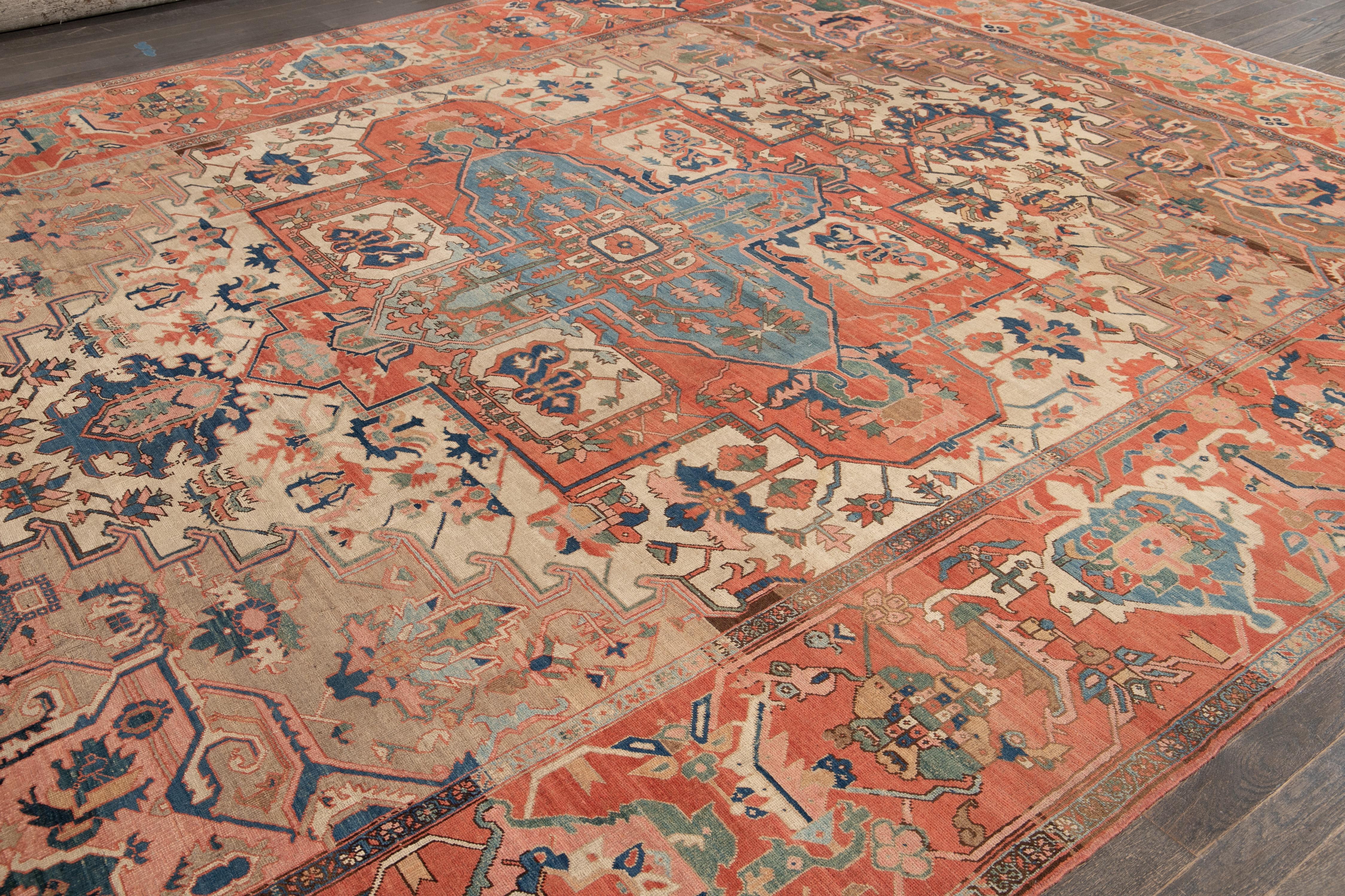 19th Century Antique Serapi Handmade Wool Rug In Terracotta Color For Sale 6