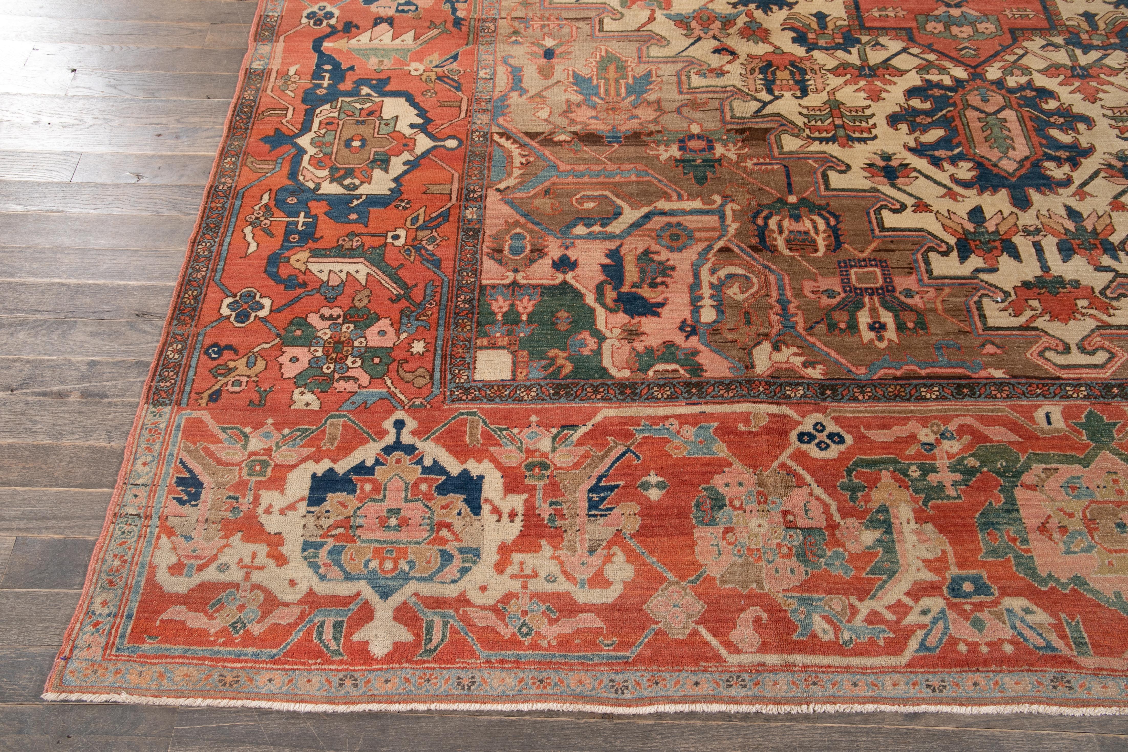 19th Century Antique Serapi Handmade Wool Rug In Terracotta Color For Sale 8