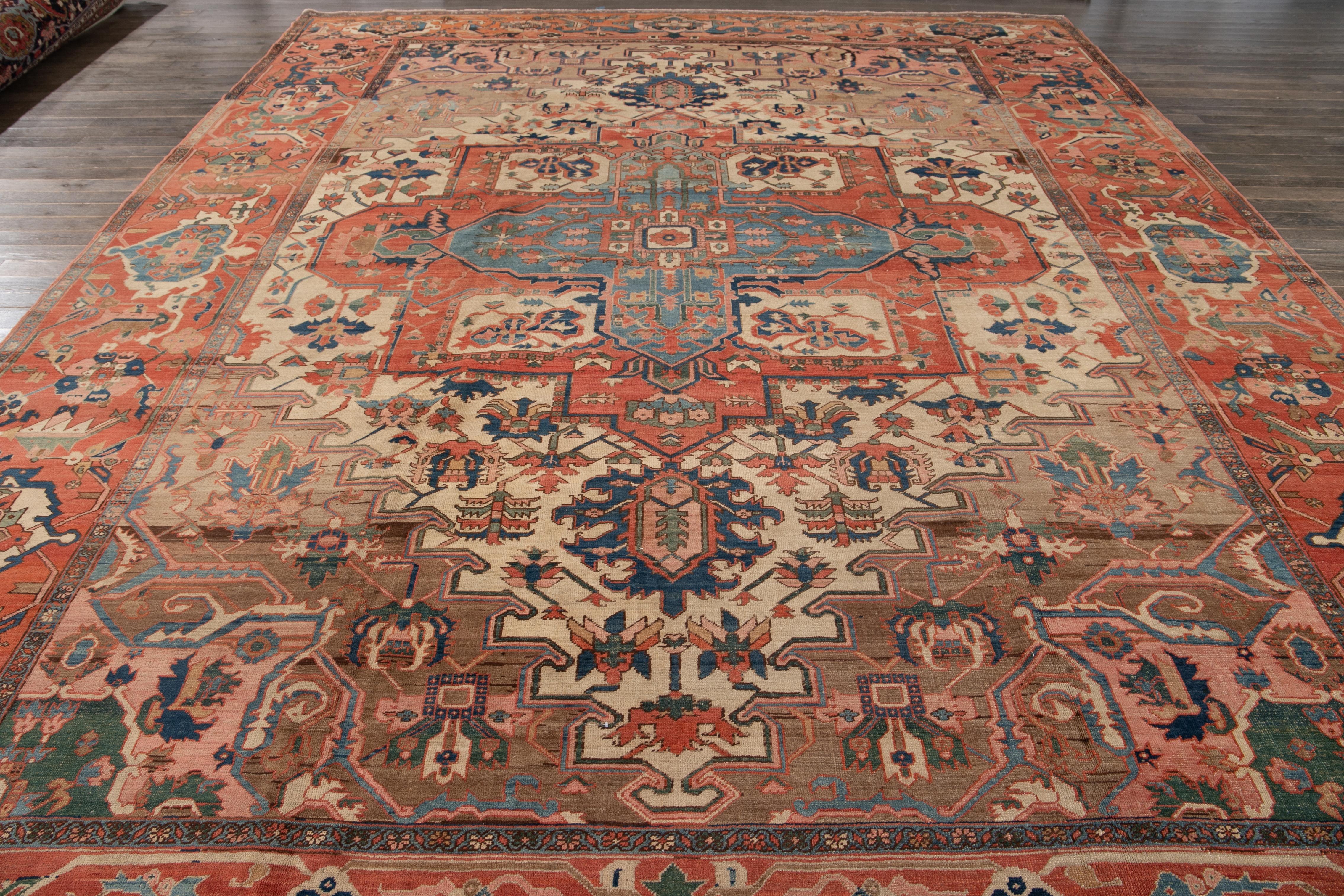 19th Century Antique Serapi Handmade Wool Rug In Terracotta Color For Sale 9
