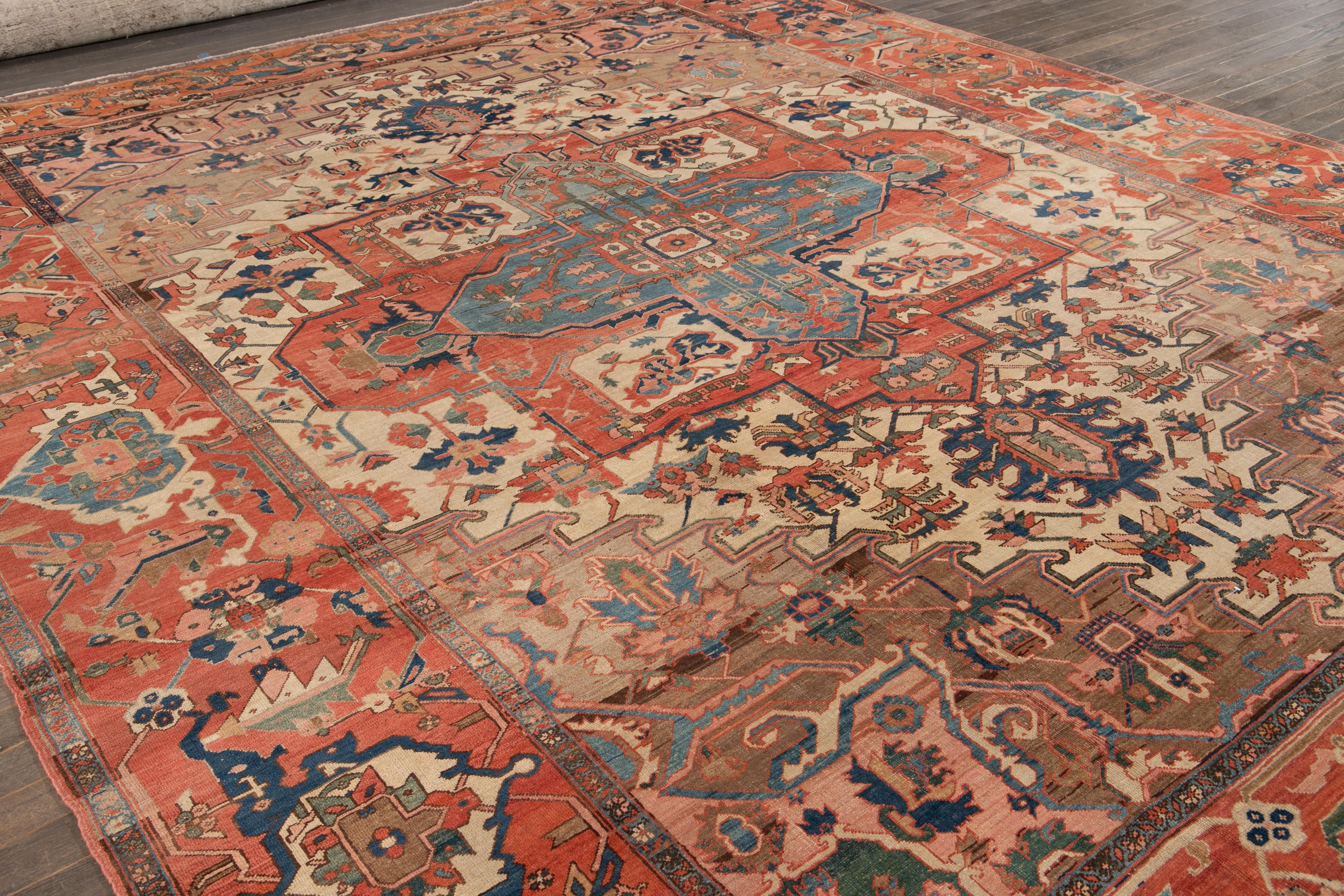 19th Century Antique Serapi Handmade Wool Rug In Terracotta Color For Sale 2