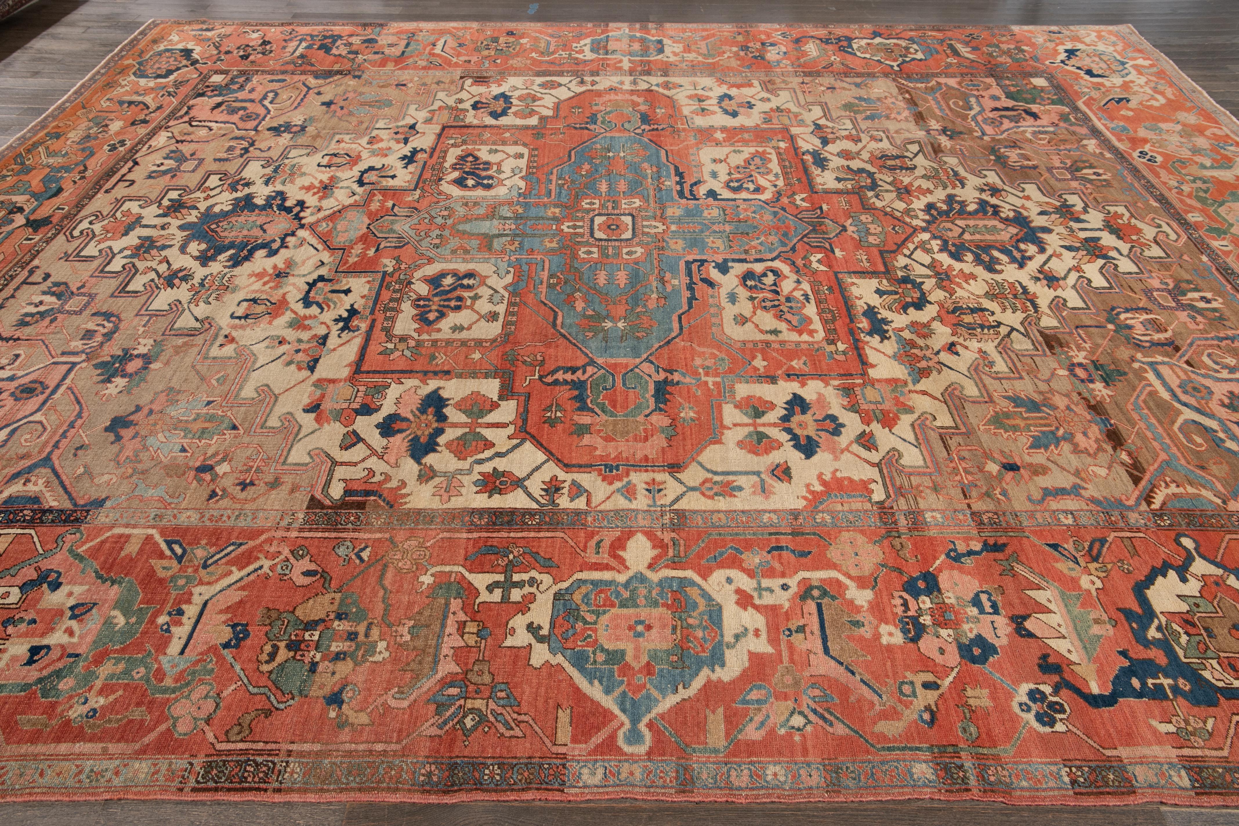 19th Century Antique Serapi Handmade Wool Rug In Terracotta Color For Sale 4