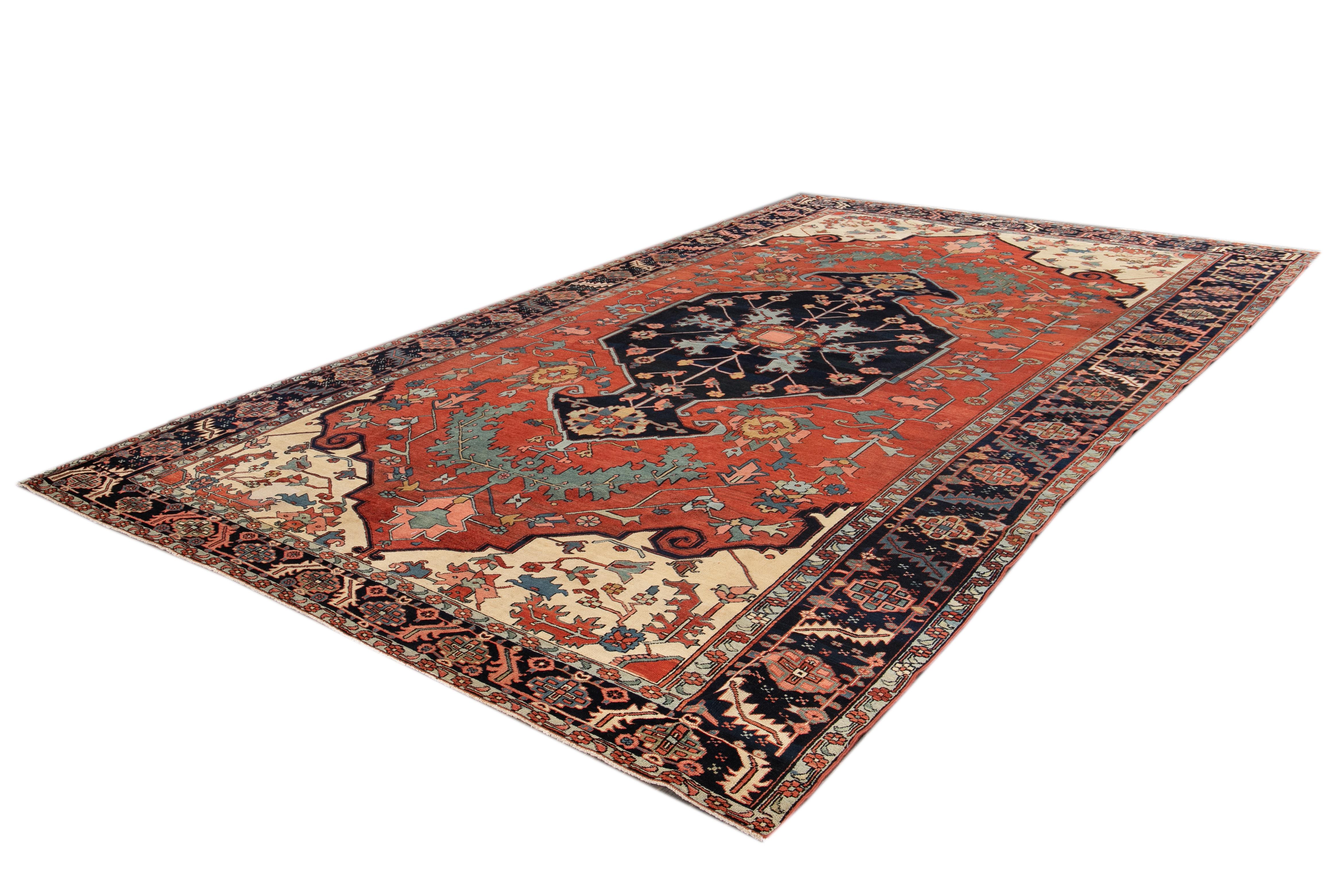 Hand-Knotted 19th Century Antique Serapi Wool Rug For Sale