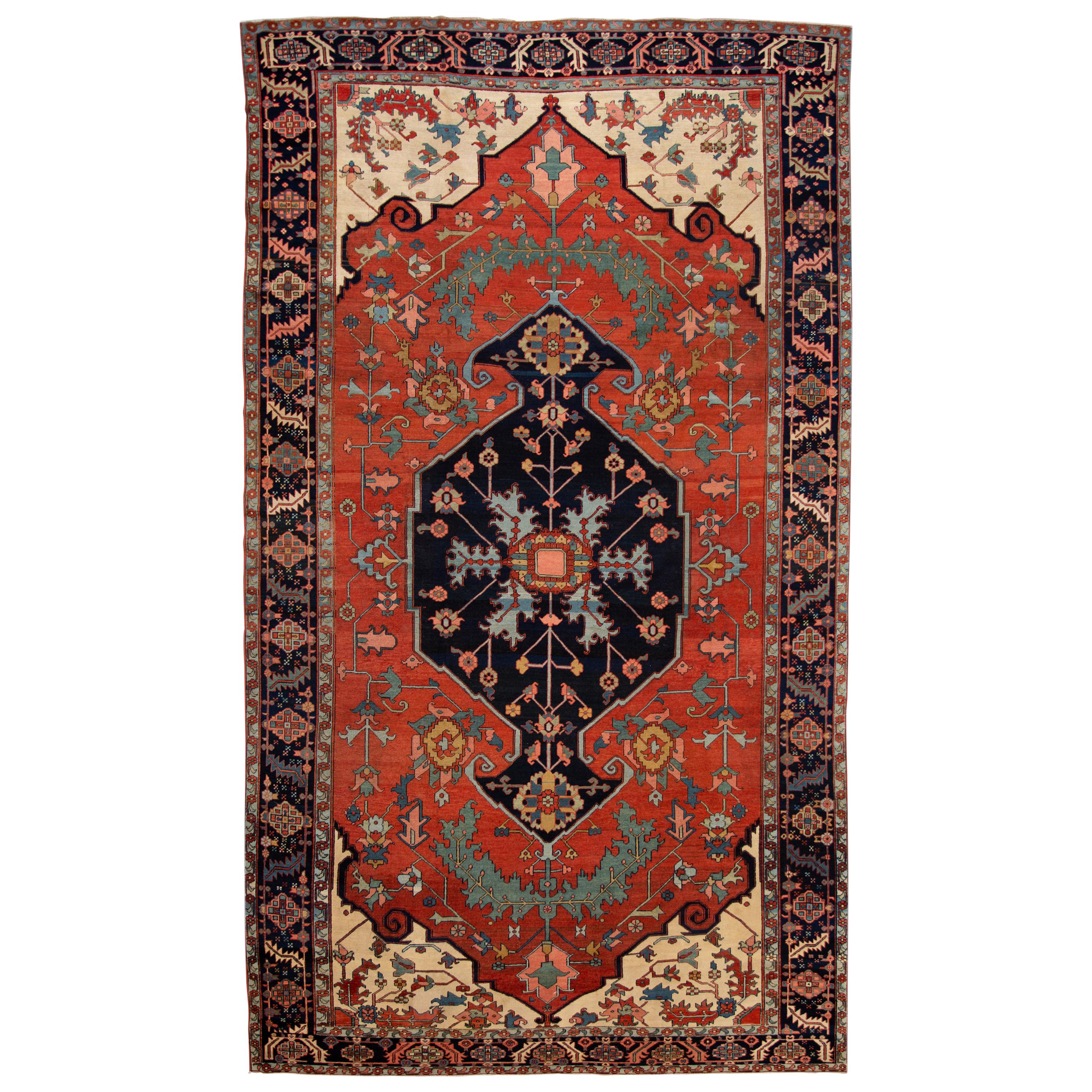 19th Century Antique Serapi Wool Rug For Sale