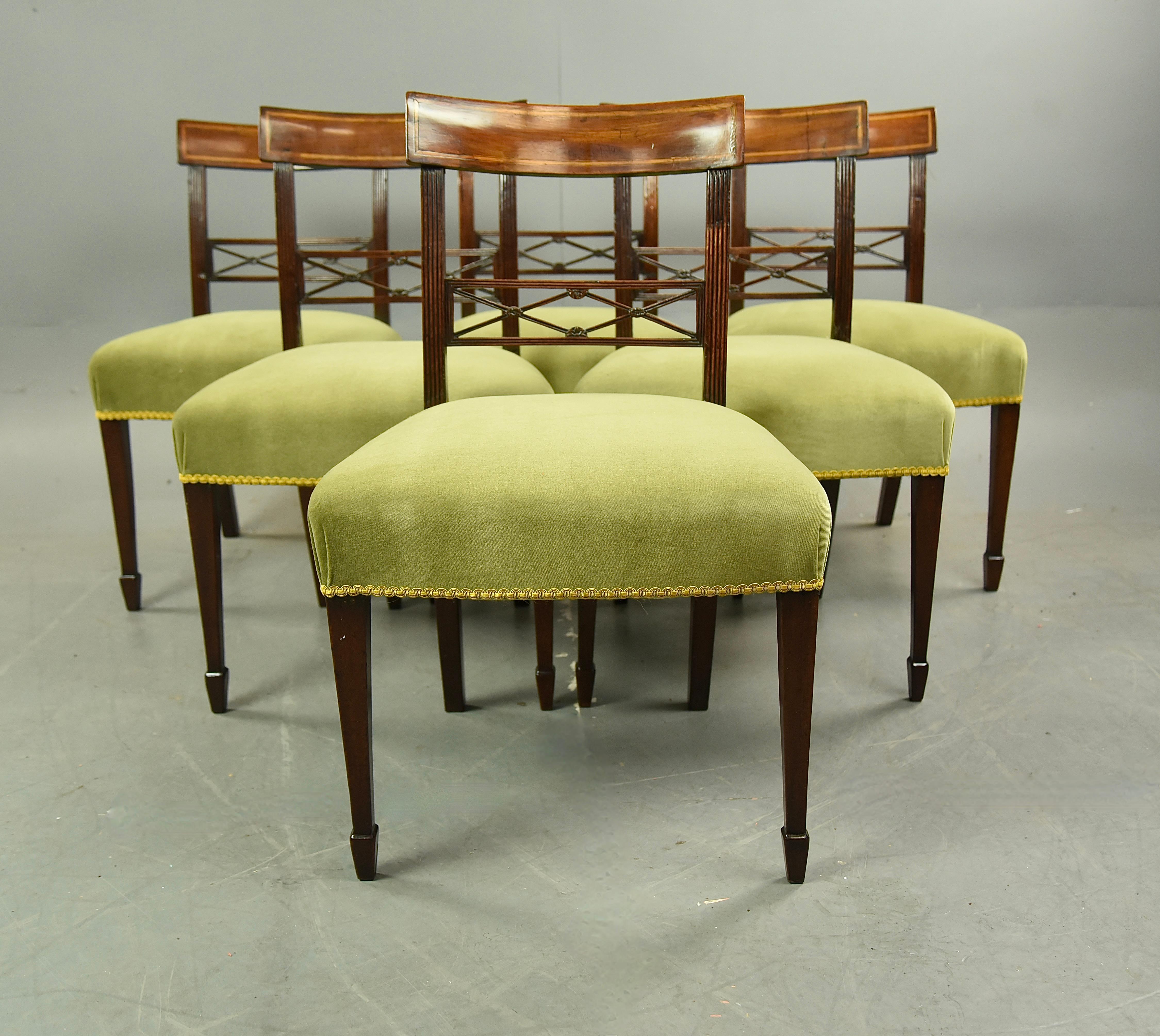 Fine set of six Regency mahogany dining chairs circa 1820 .
The chairs are constructed of solid mahogany through out ,they are all solid in joint and woodworm free .
They have been through our workshop and have been cleaned waxed and re upholstered