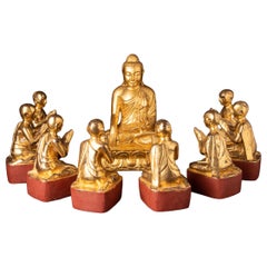 19th century Antique set of 8 monks with Buddha statue from Burma