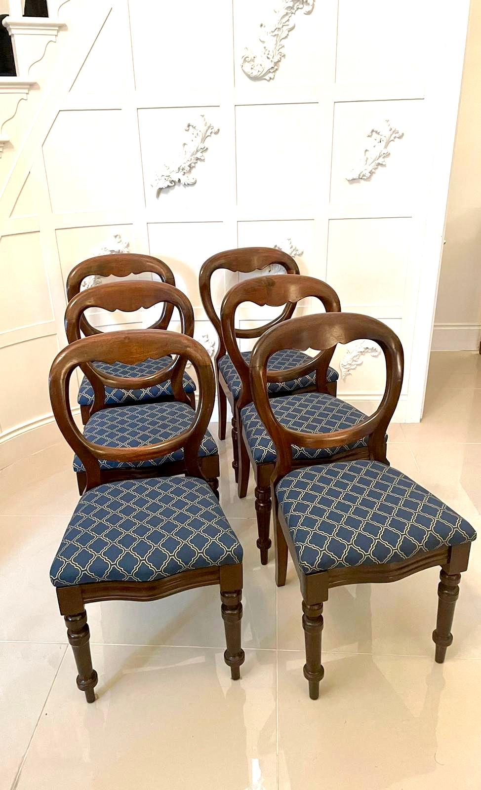 19th century antique set of six Victorian balloon back mahogany dining chairs having attractive balloon backs with a shaped top rail, serpentine shaped drop in seats which have been newly reupholstered in a quality fabric, they stand on turned