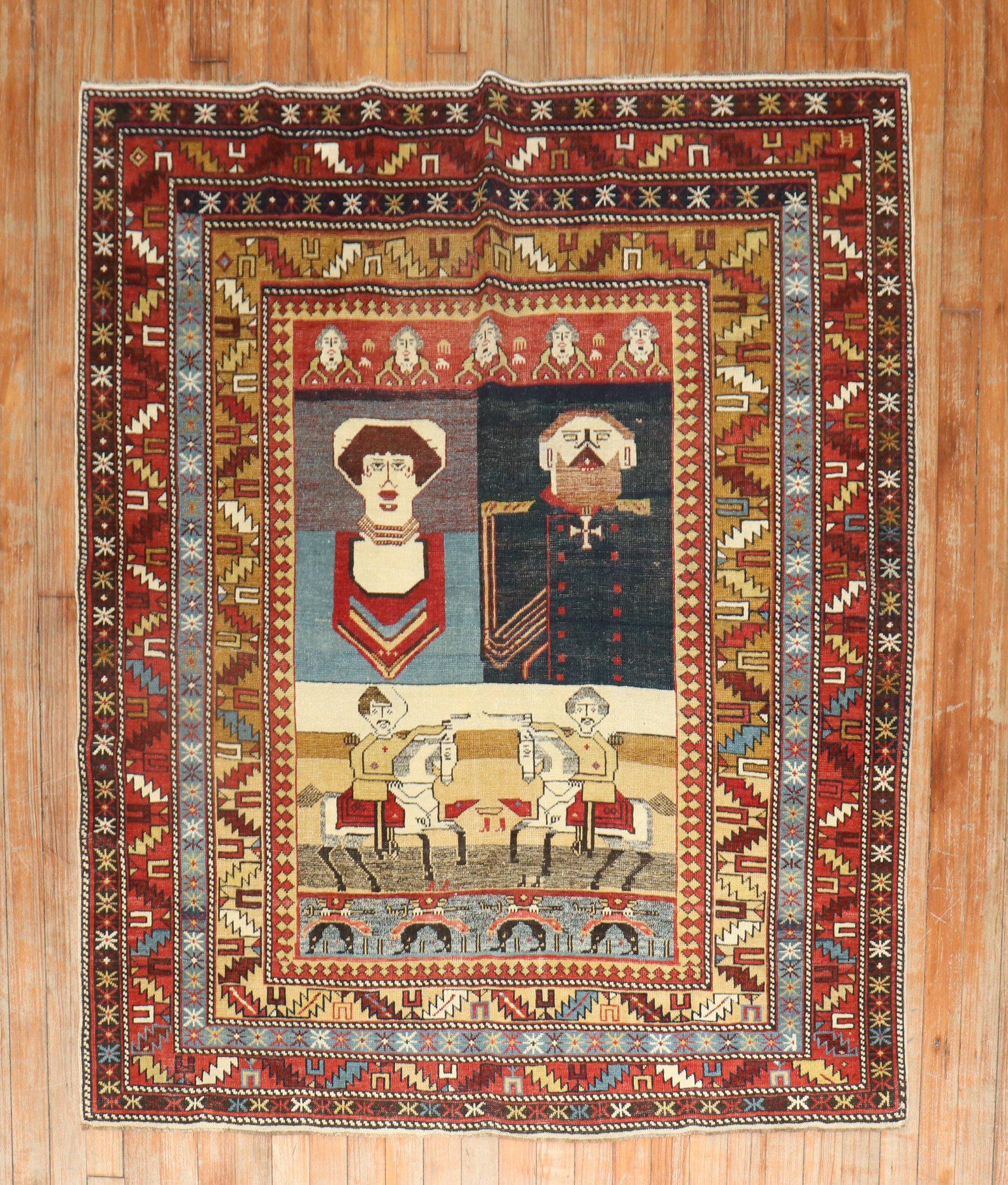 AN intermediate square size antique Caucasian shirvan pictorial rug 

circa 1875. Measures: 4'1