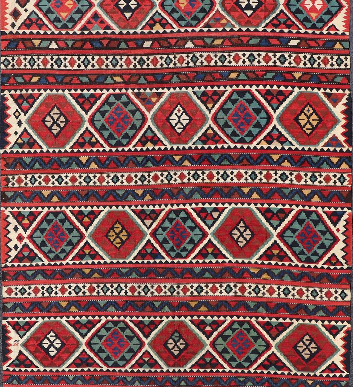 Antique Shirvan Kilim with Intricate Design in with Vibrant Colors, 19th century. Antique Shirvan Kilim Rug in with amazing intricacy and vibrant colors. Keivan Woven Arts / rug R20-1103, country of origin / type: Caucasus/ Shirvan , circa