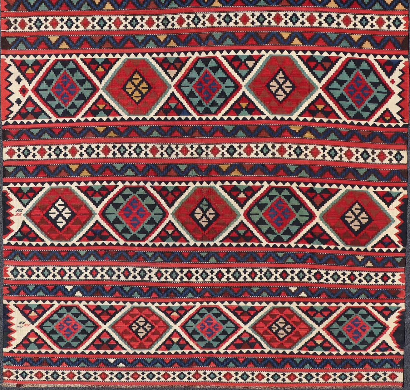 Kazak 19th Century Antique Shirvan Kilim with Intricate Design in with Vibrant Colors For Sale