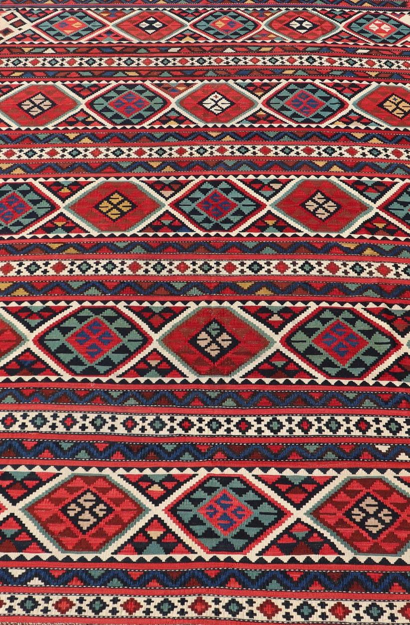 Caucasian 19th Century Antique Shirvan Kilim with Intricate Design in with Vibrant Colors For Sale