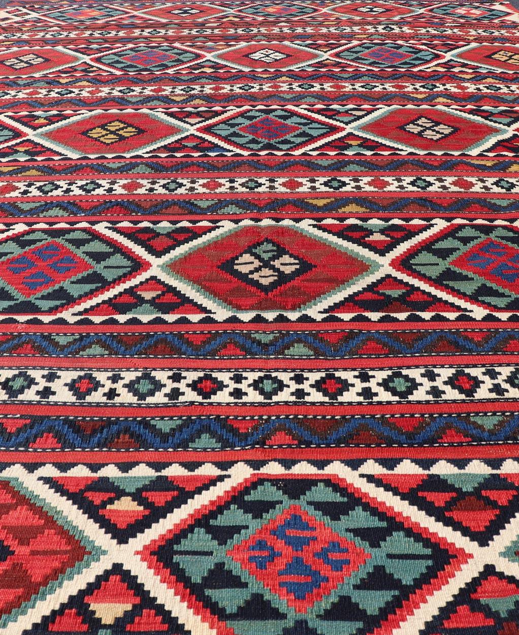 Hand-Woven 19th Century Antique Shirvan Kilim with Intricate Design in with Vibrant Colors For Sale