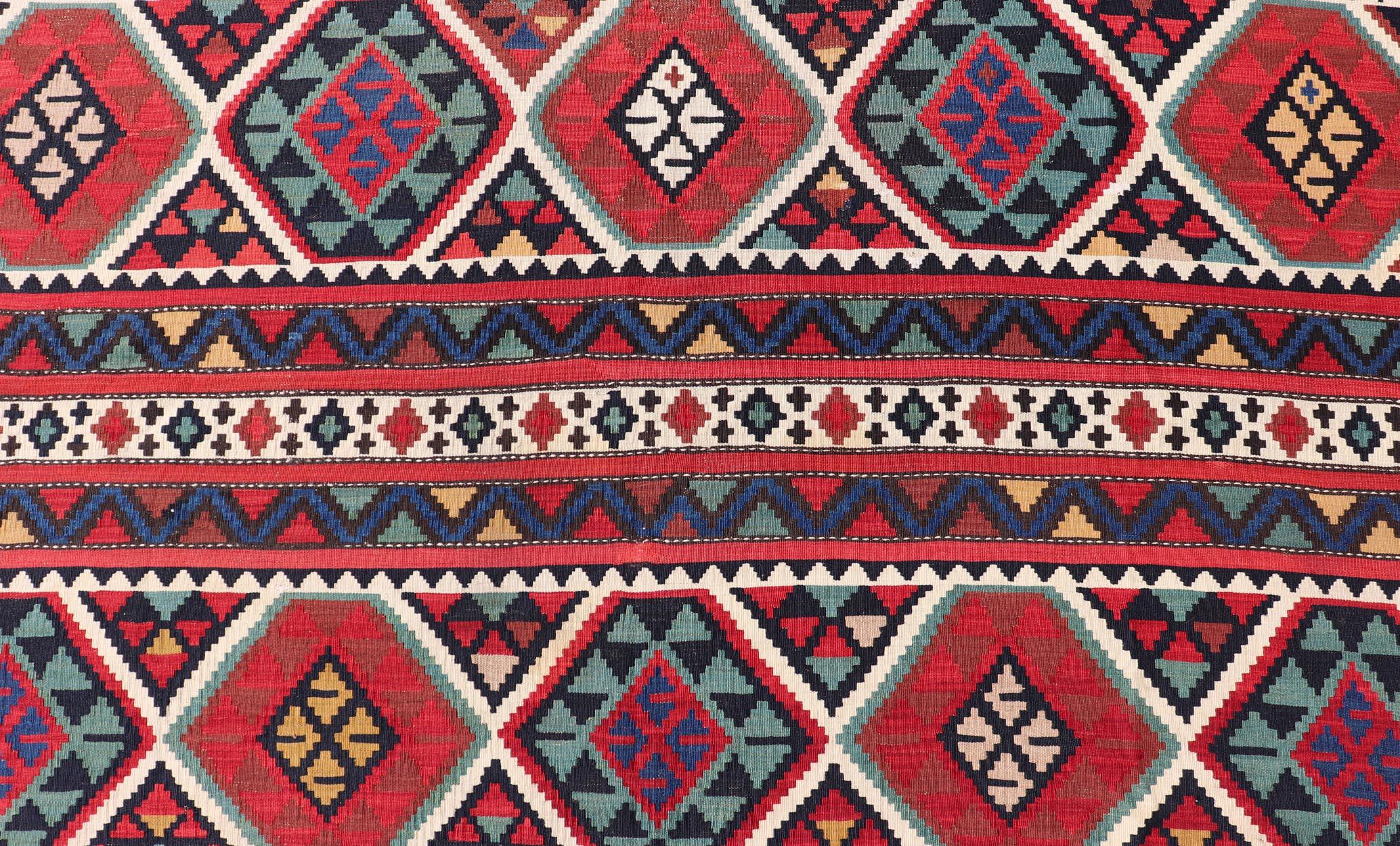 19th Century Antique Shirvan Kilim with Intricate Design in with Vibrant Colors In Excellent Condition For Sale In Atlanta, GA