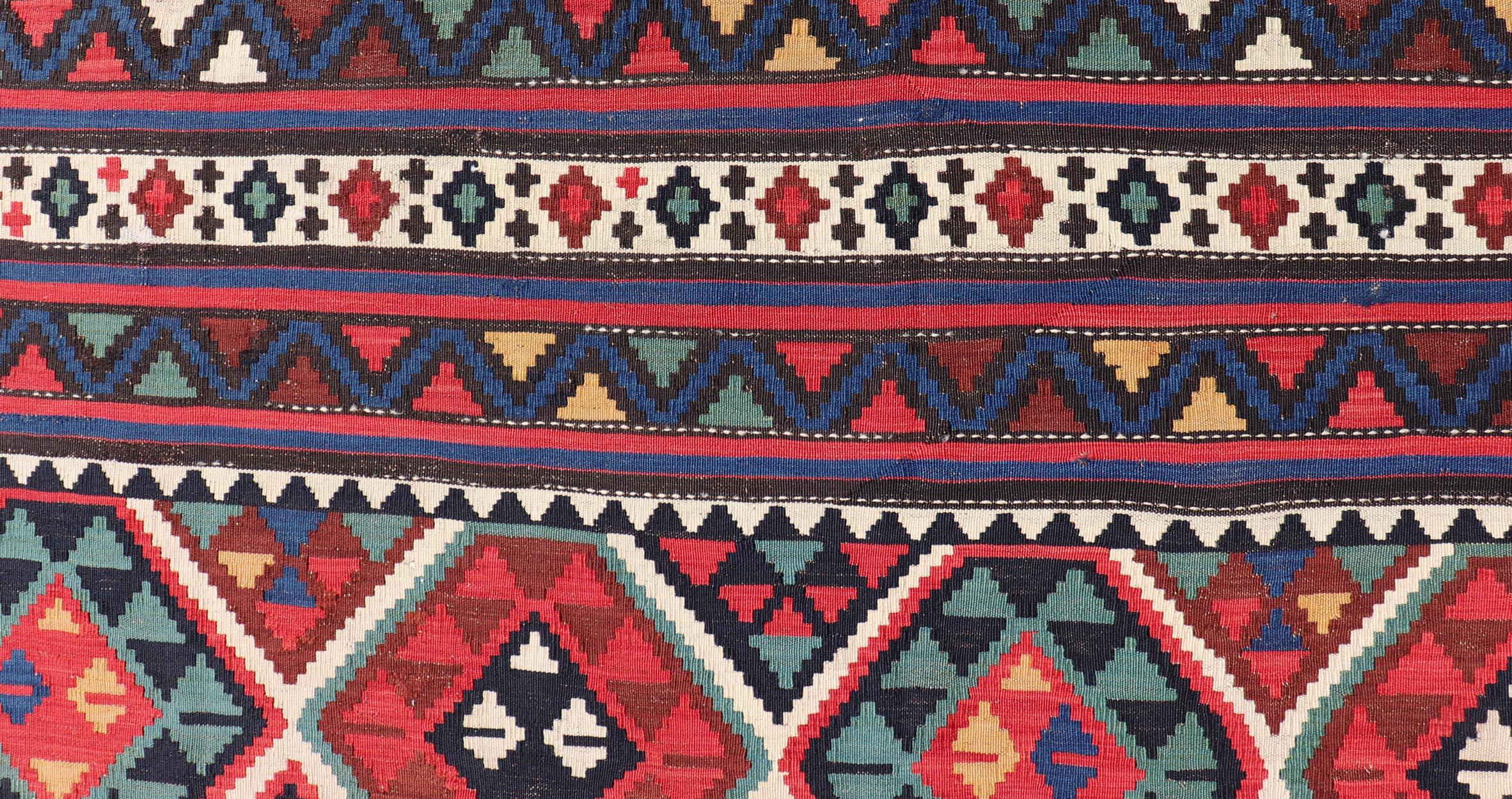 Wool 19th Century Antique Shirvan Kilim with Intricate Design in with Vibrant Colors For Sale